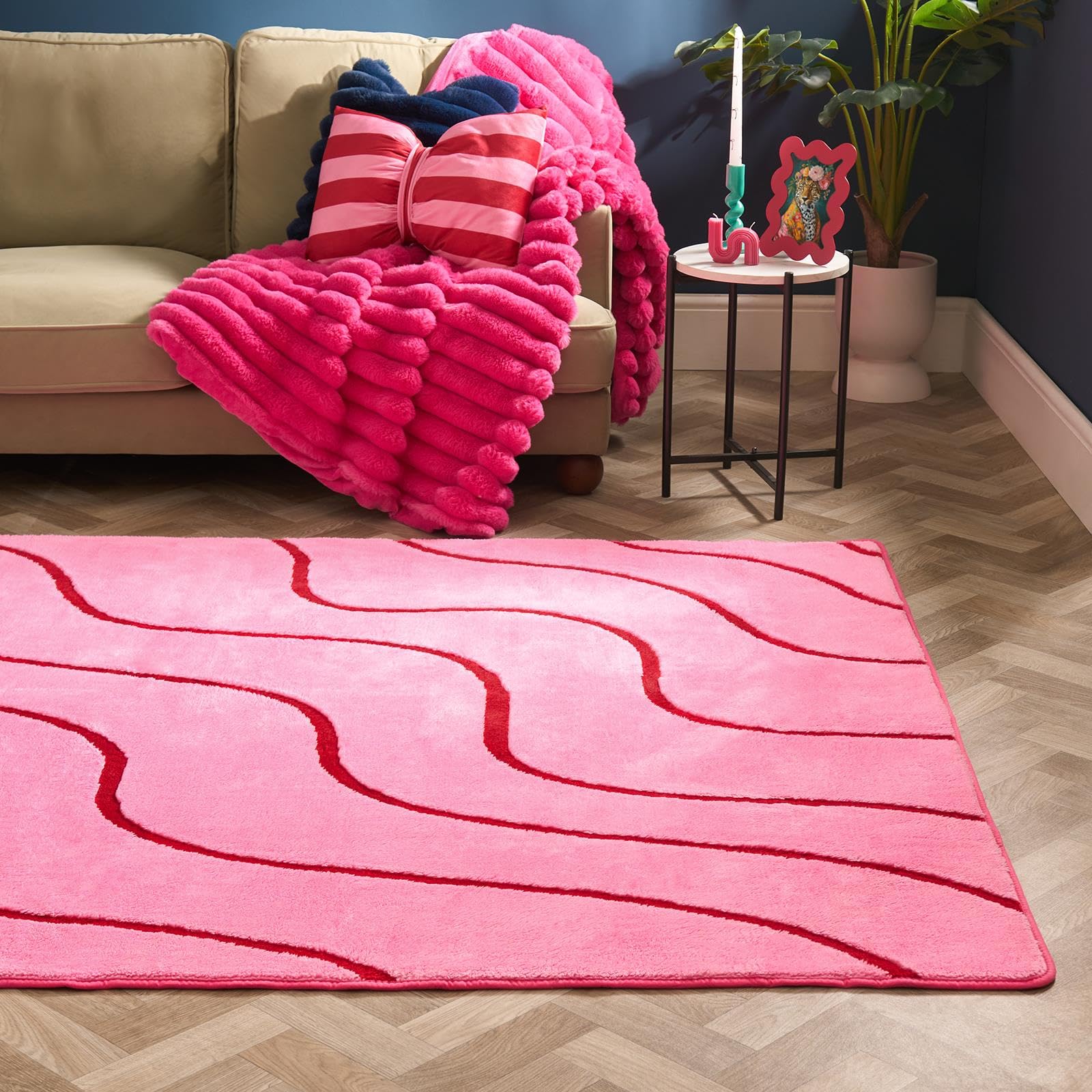 OHS Contrast Wave Tufted Rugs for Bedroom, Soft Fluffy Rugs Living Large 160x230 Lounge Home Decorations Modern Non Slip Bedroom Rug Non Shedding Low Pile Carpet, Pink/Red — image 1