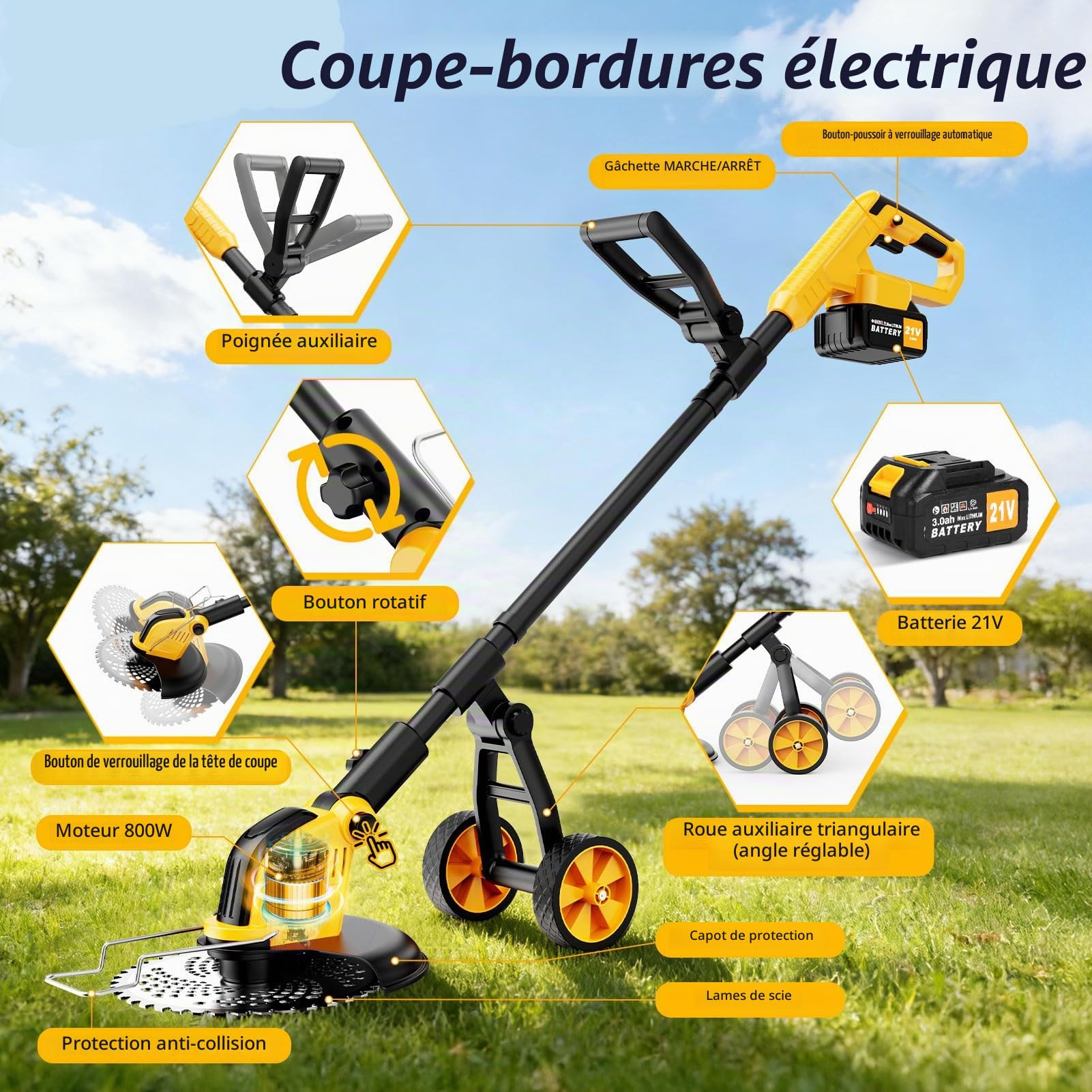 Débroussailleuses Electrique sans Fil avec Roue,Akku Rasentrimmer,30CM Coupe Bordures sans Fil avec 2 * 3.0Ah Batterie et Chargeur&4 Types Lames,Moteur Brushless 800W