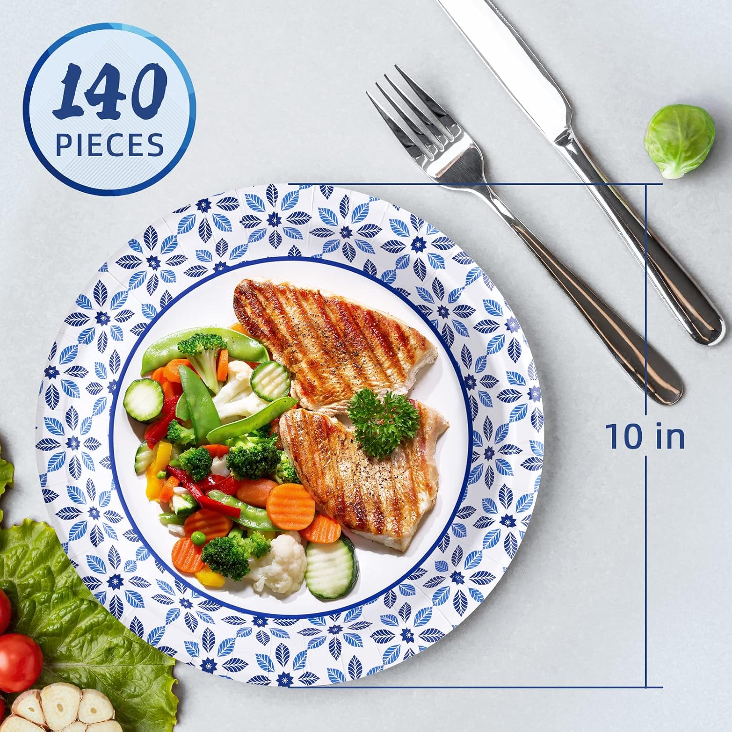 JOLLY CHEF 10 inch Disposable Paper Plates 140 Count, Soak Proof, Cut Proof, Microwave Safe Heavy Duty Paper Plates for Everyday Use