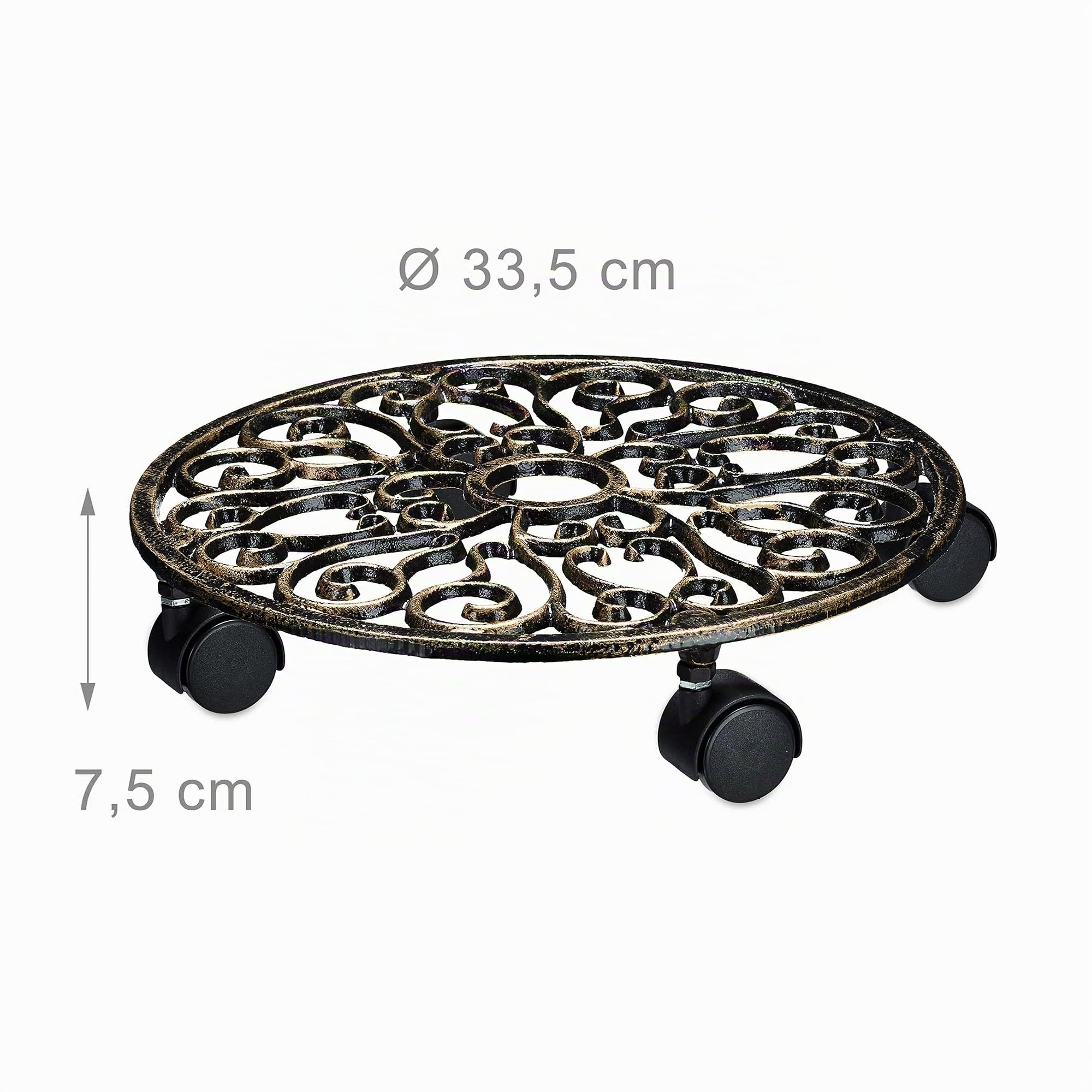Relaxdays Porte-Plantes à roulettes, Lot de 2, Fonte, Support Pot de Fleurs, 4 Roues, D: 33,5 cm, Rond, Design antiquités, Bronze | Chariot à fleurs, style ancien, robuste, résistant aux intempéries