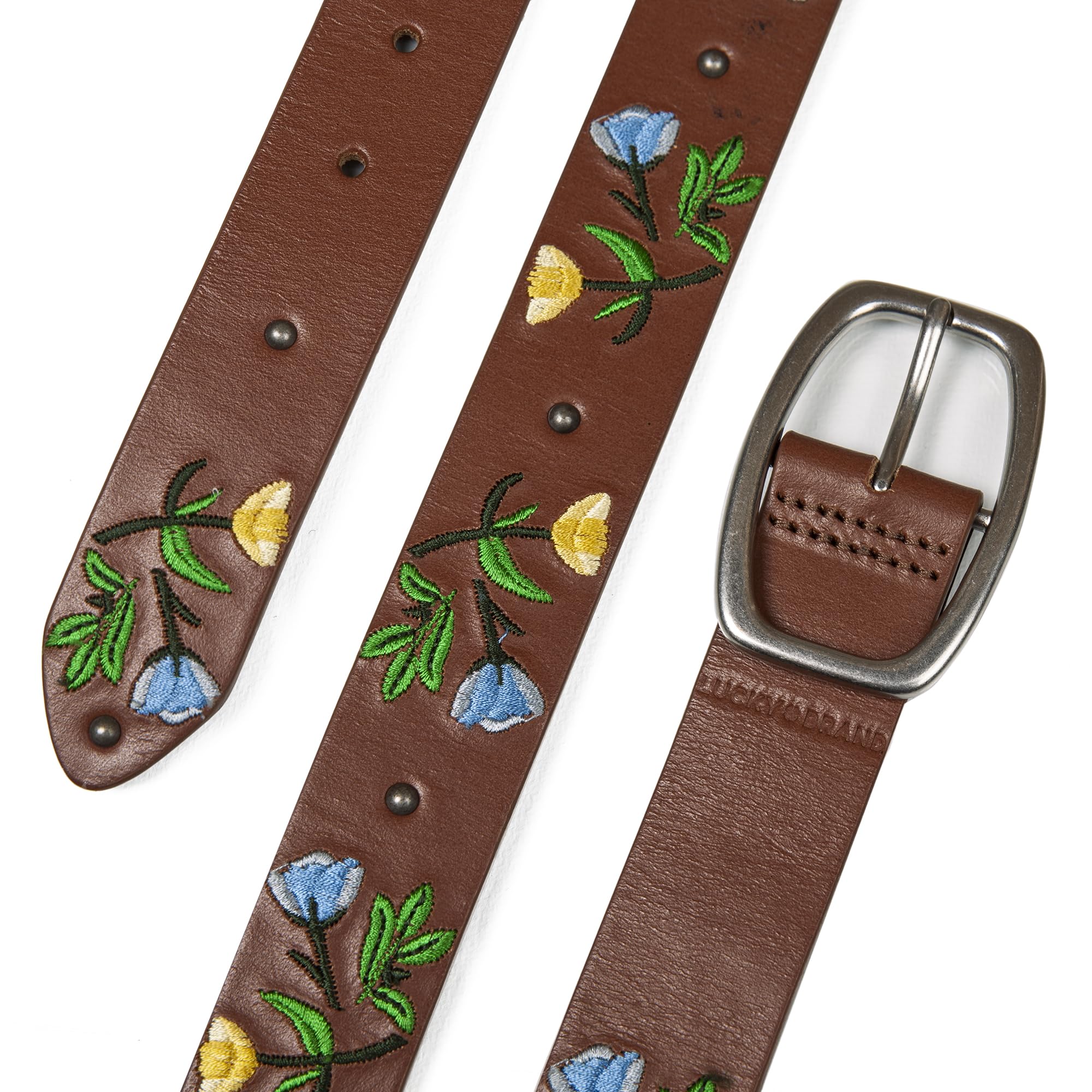 Lucky Brand Damski haftowany pasek skórzany z kwiatowym wzorem, Haftowany wzór kwiatowy – jasnobrązowy, S (26-27")
