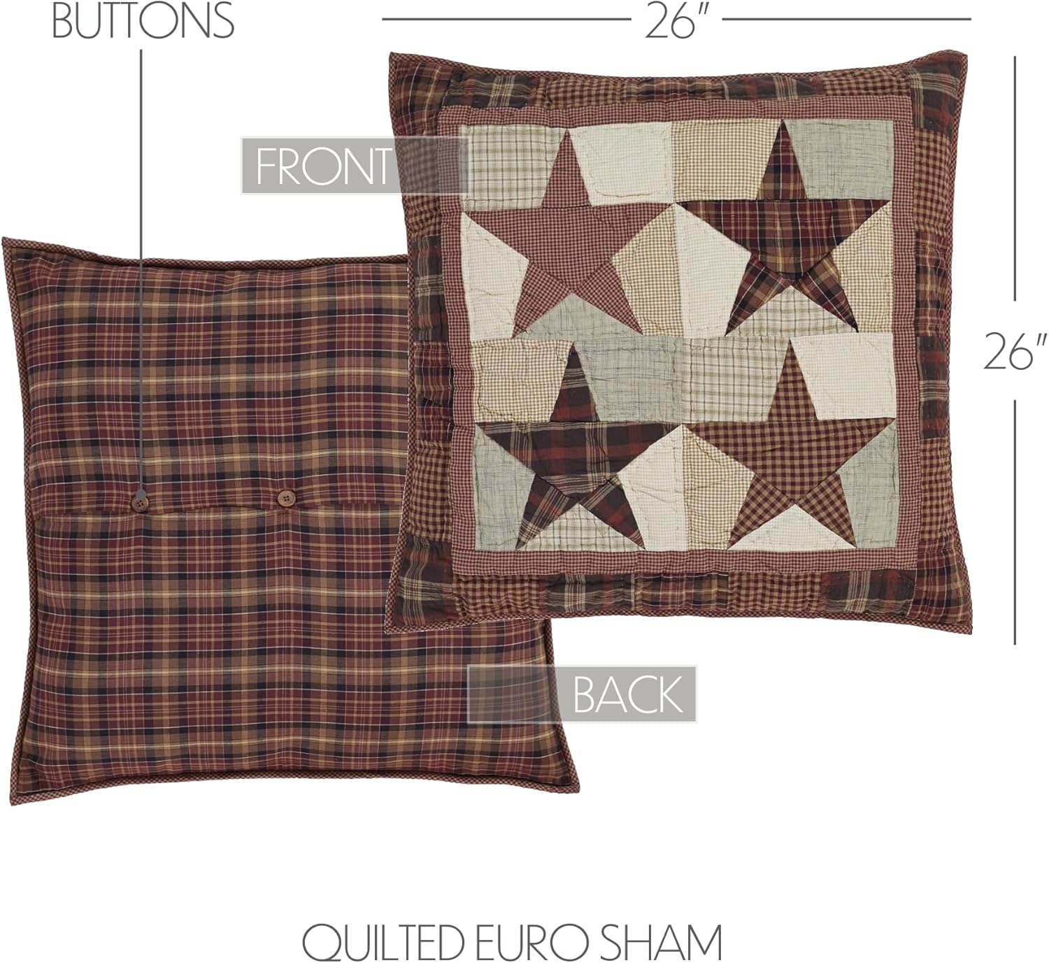 VHC Brands Primitive Classic Country Bedding - Abilene Star Red Quilted Euro Sham