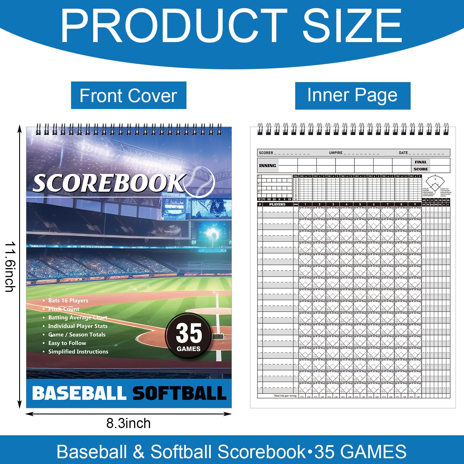 Qilery Libro de puntuación de béisbol, 35 juegos, libro de puntuación de béisbol y sóftbol, libro de puntuación, accesorios de entrenamiento para estadísticas, entrenadores, marcadores, 11.6 x 8.3
