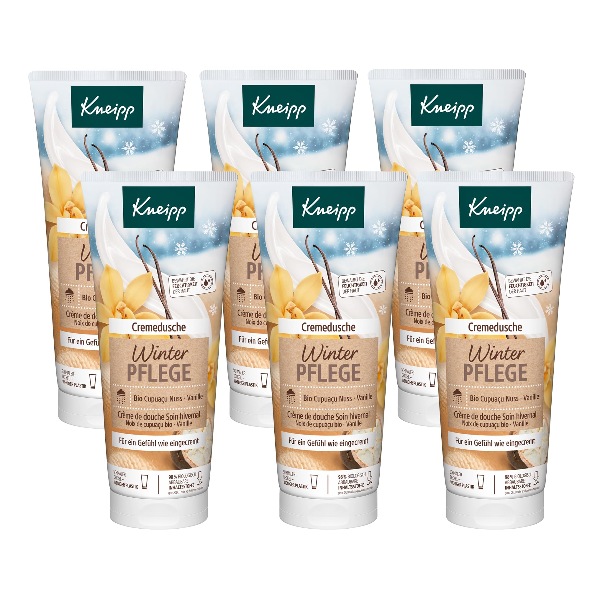 Kneipp Cremedusche Winterpflege - Duschcreme aus Cupuaçu-Nuss und Vanilleextrakt, Milde Reinigung und sanfte Pflege - 6 x 200ml