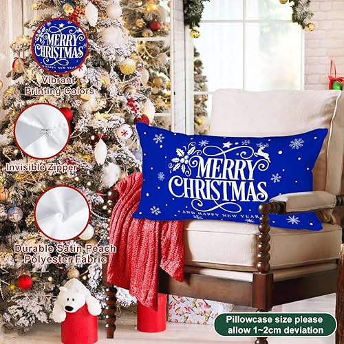 Miniatura 6 de Lanpn Juego de 4 fundas de almohada de madera de Navidad de 12 x 20 pulgadas, decorativas rectangulares largas de 12 x 20 pulgadas, diseño de copo