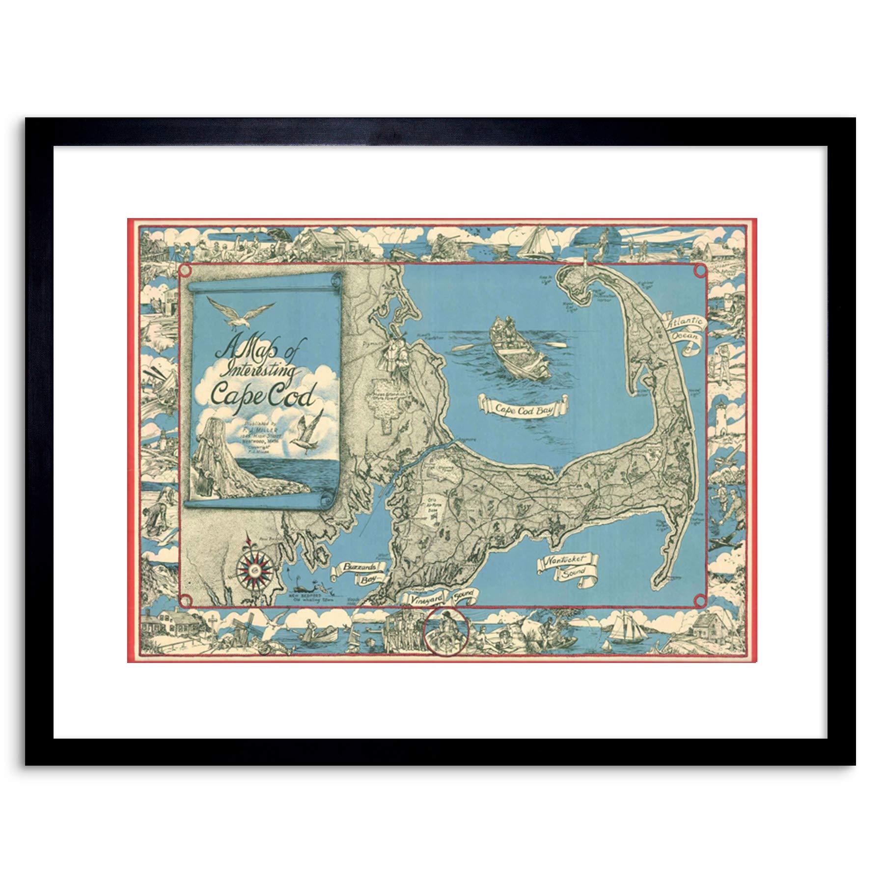 Wee Blue Coo MAP ANTIQUE MILLER CAPE COD TOURIST INTEREST FRAMED PRINT F97X3486