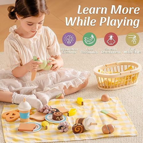 Miniatura 4 de ROBOTIME Juegos de alimentos de madera para cocina de niños, 14 piezas de juguetes de comida de simulación, cesta de picnic con frutas, postres,