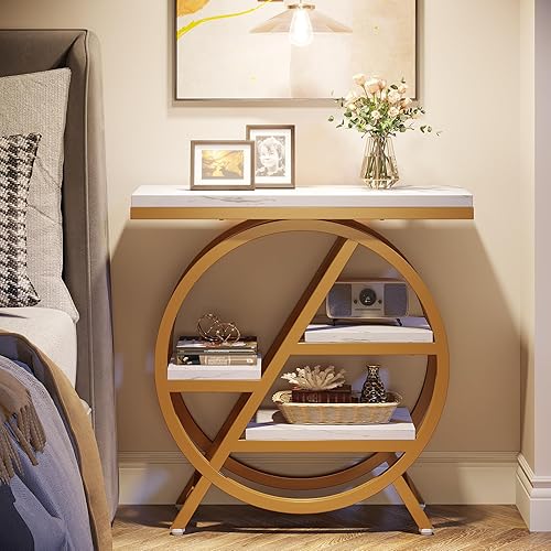 Miniatura 4 de Tribesigns Mesa auxiliar para sala de estar, mesa auxiliar de mármol sintético de 3 niveles con almacenamiento, mesa auxiliar estrecha de madera