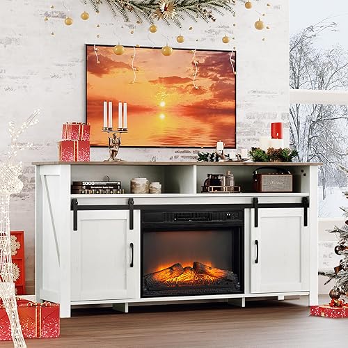 Miniatura 5 de VINGLI Soporte de TV con chimenea con puerta corrediza de granero para TV de 70 pulgadas, centro de entretenimiento de granja y chimenea de 23