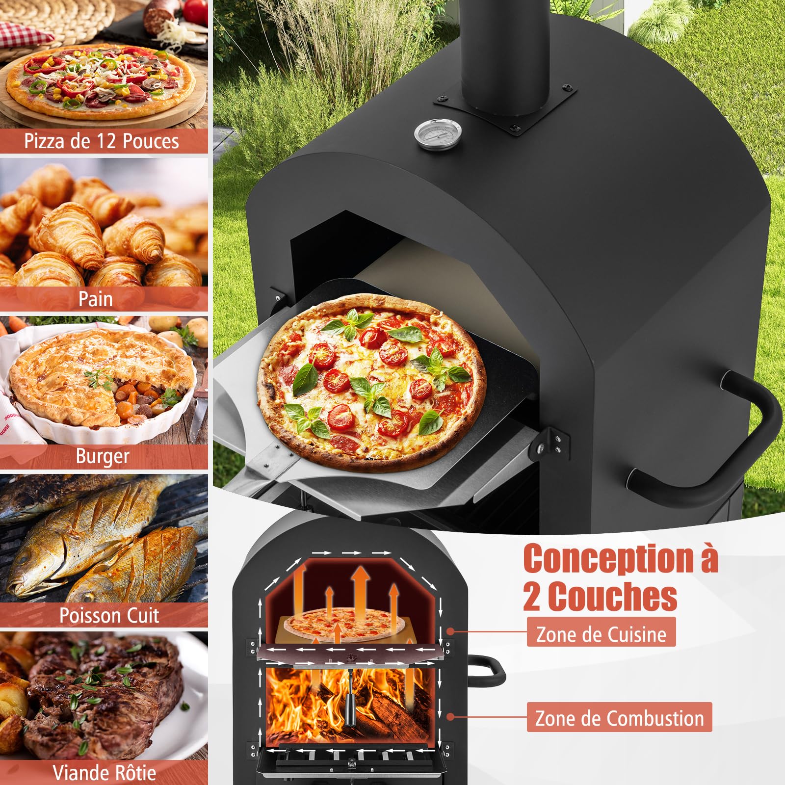 COSTWAY Four à Pizza Extérieur avec Thermomètre Intégré, Grill à Pizza Mobile, Noir