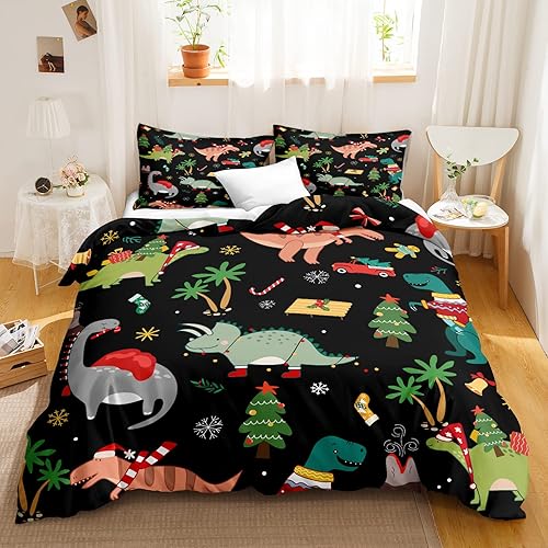 Miniatura 8 de Juego de ropa de cama de dinosaurio, juego de funda de edredón de dibujos animados de dinosaurio verde y gris, ropa de cama de 2 piezas de