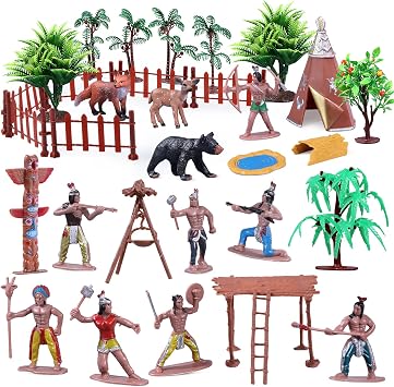 31Pcs Native American Figures Set, School Project Diorama for Kids | Realistic Indian Village Educational History Toys with Tepees, Totems and Fences, Ideal Teaching, Pretend Play and Kids Gifts