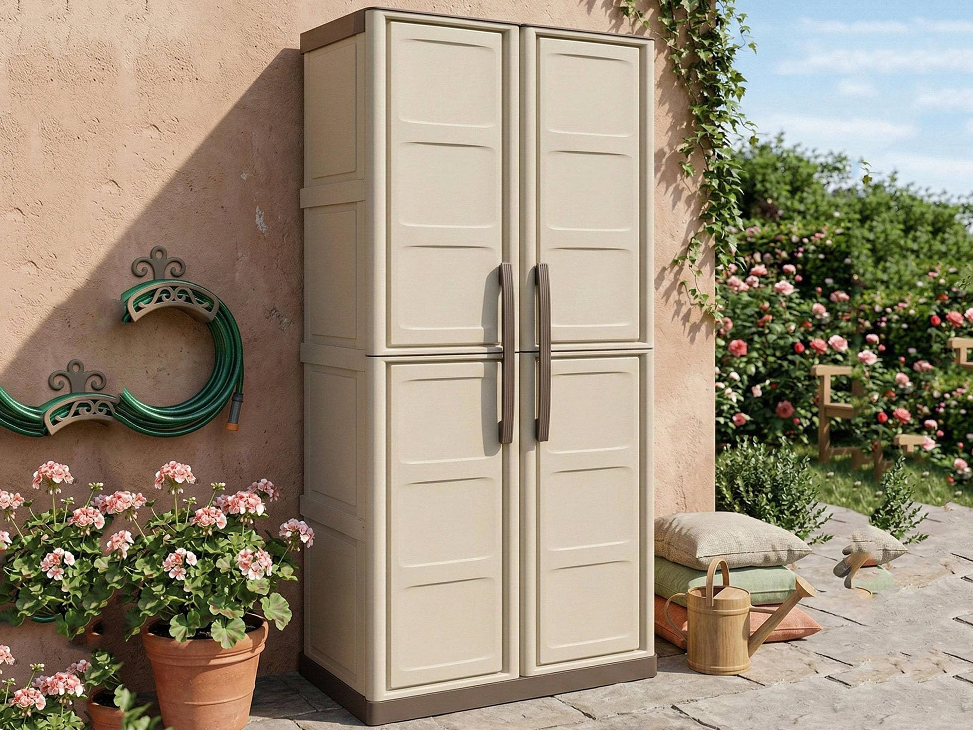 Dmora - Armadio da esterno Marchin, Mobile balcone multiuso, Armadietto outdoor 2 ante, 100% Made in Italy, Beige e Marrone, Finitura quadri, 70x39h165 cm