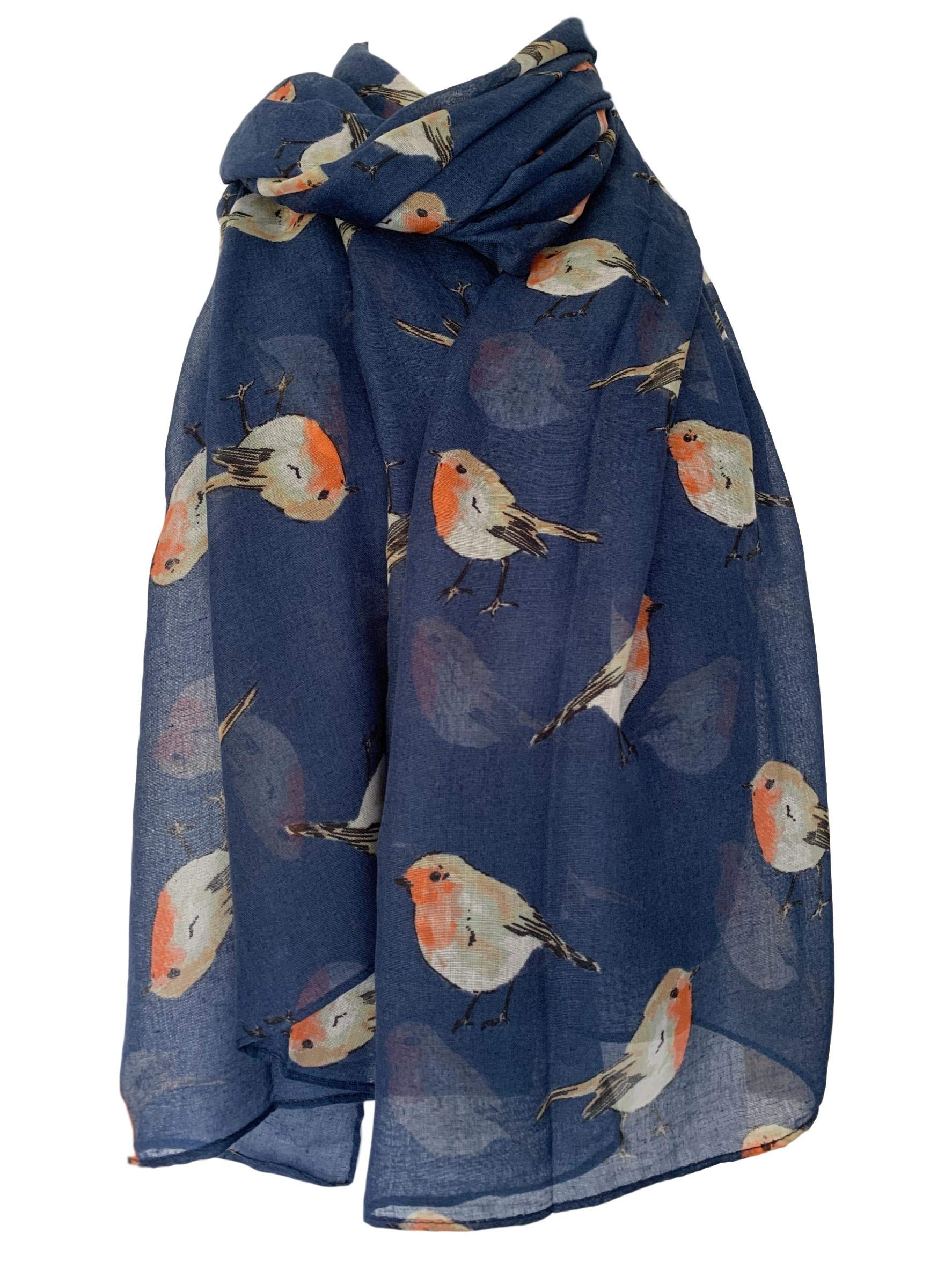 Purple Possum Women's Blue, Dark Blue, Navy, Navy Blue Purple Possum® Blue Robin Print Scarf, Navy Birds Wrap, Large Bird Shawl, Red Robins
