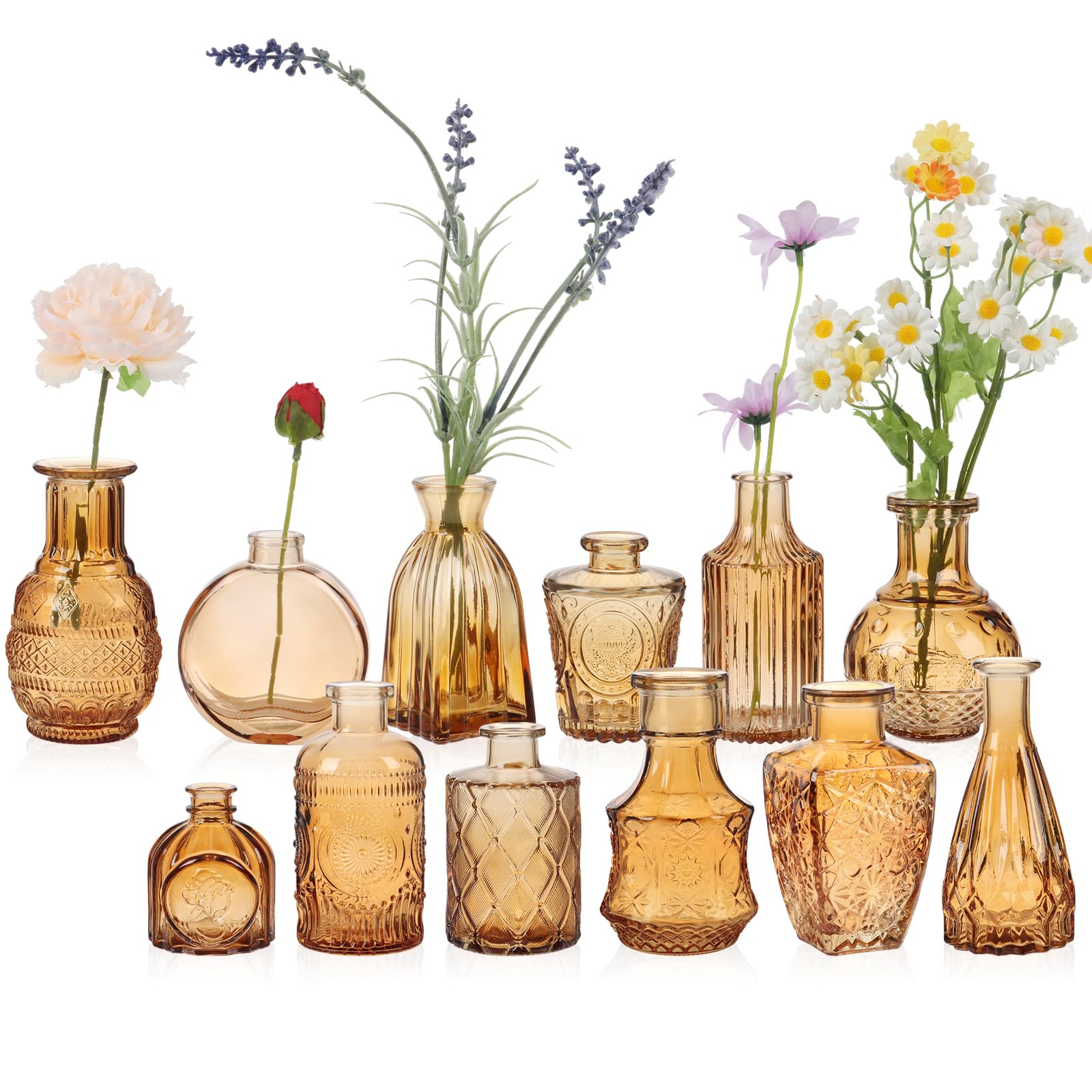 STARSIDE Juego de 12 jarrones de vidrio ámbar a granel, pequeño jarrón vintage para centros de mesa, decoraciones rústicas de boda, decoración de flores para mesa del hogar