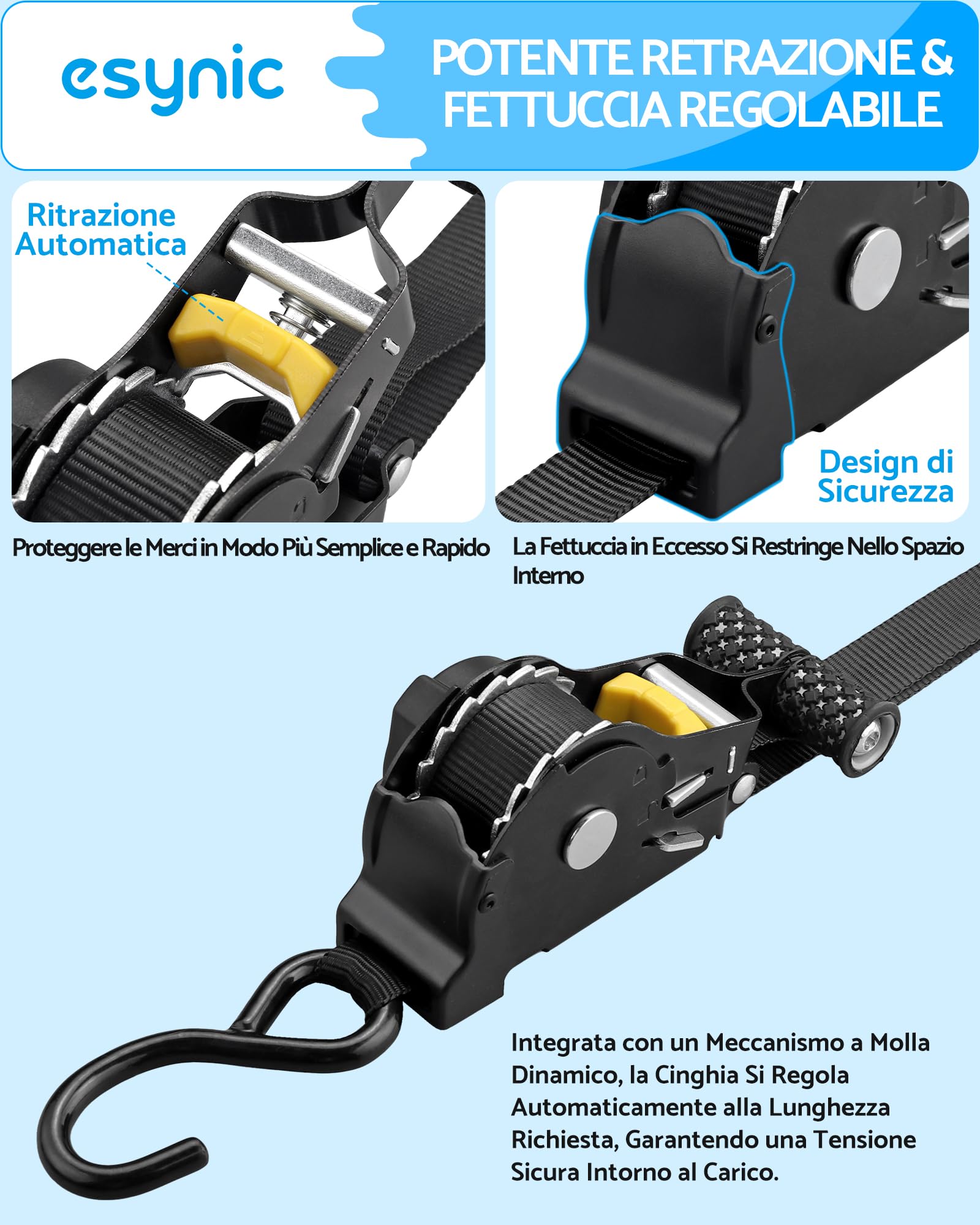 eSynic 4pz Cinghia a Crichetto Avvolgitore Automatico 3mx25mm LC 340daN/680daN, 4x Cinghie di Ancoraggio Retrattile con Maniglie Traino Auto Carrello, Fasce di Carico Trasporto, Norma EN 12195-2