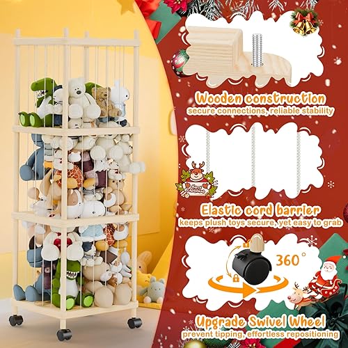 Miniatura 3 de Almacenamiento y soporte para animales de peluche, organizador de juguetes de zoológico de madera de gran tamaño con bandas elásticas, ruedas