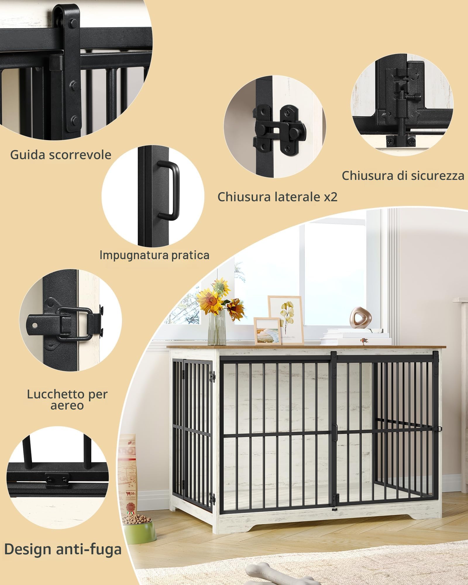 Hzuaneri 110cm Gabbia per Cani, Tavolo Supplemento, Nicchia Moderna per Cani, Gabbia per Cuccioli, Casetta per Animali, 2 porte, 65 × 110 × 81 cm, Bianco Marrone DFC84414B
