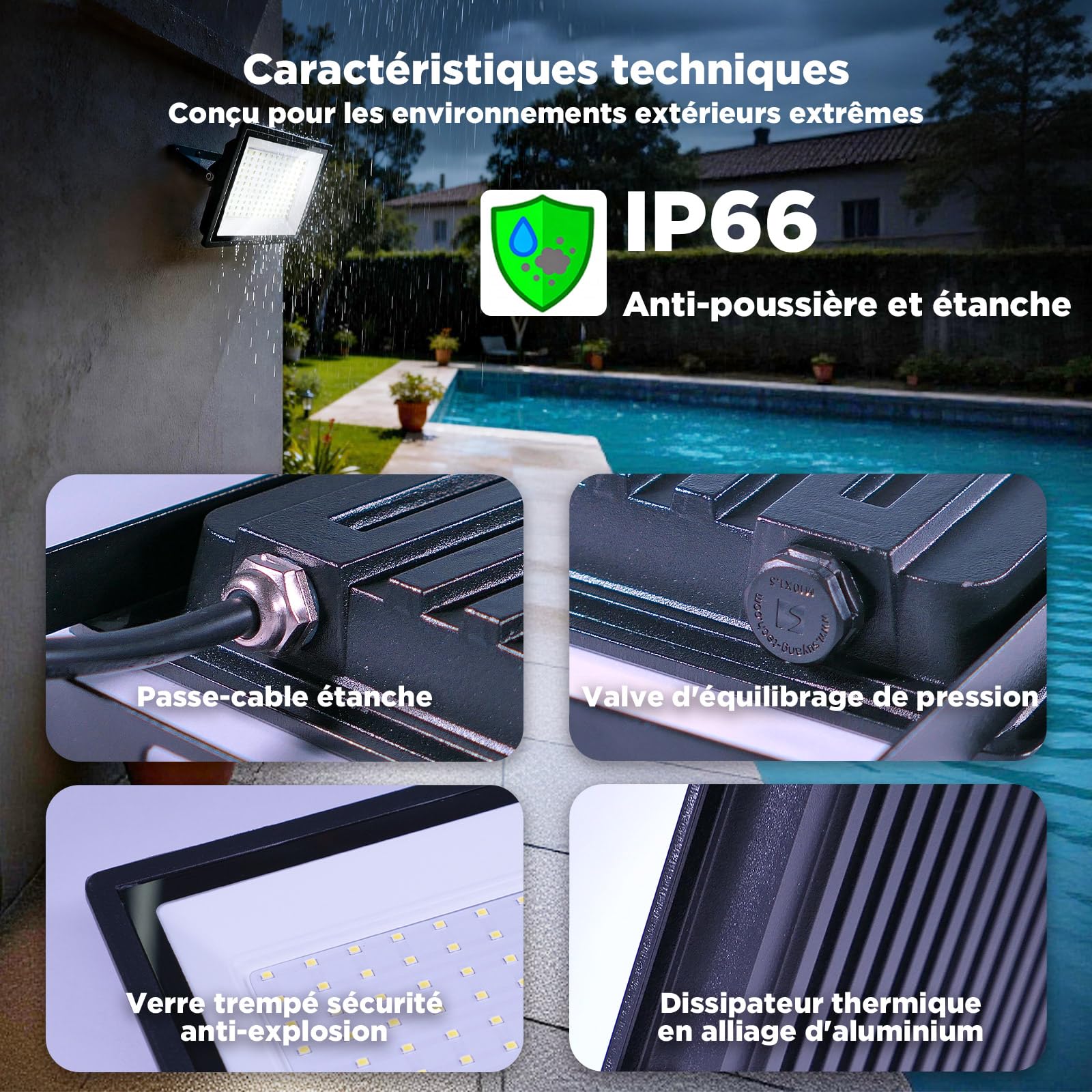 Projecteur LED 150W 16500LM 6500K, IP66 Étanche Extérieur, 160° Grand Angle, CRI 80-90, Aluminium Moulé sous Pression, Verre Trempé, Valve de Pression – Pour Jardin, Garage, Chantier, Terrasse(2 PACK)