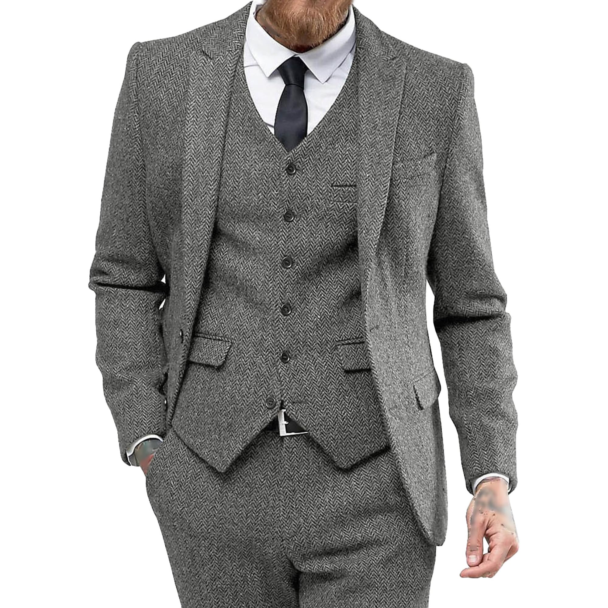 Costume Da Sposa in Tweed a spina di pesce Tuxedos Prom 3 Pezzi Peak Lapel Abito Da Sposa Giacca Gilet Pantaloni Abito Da Sera