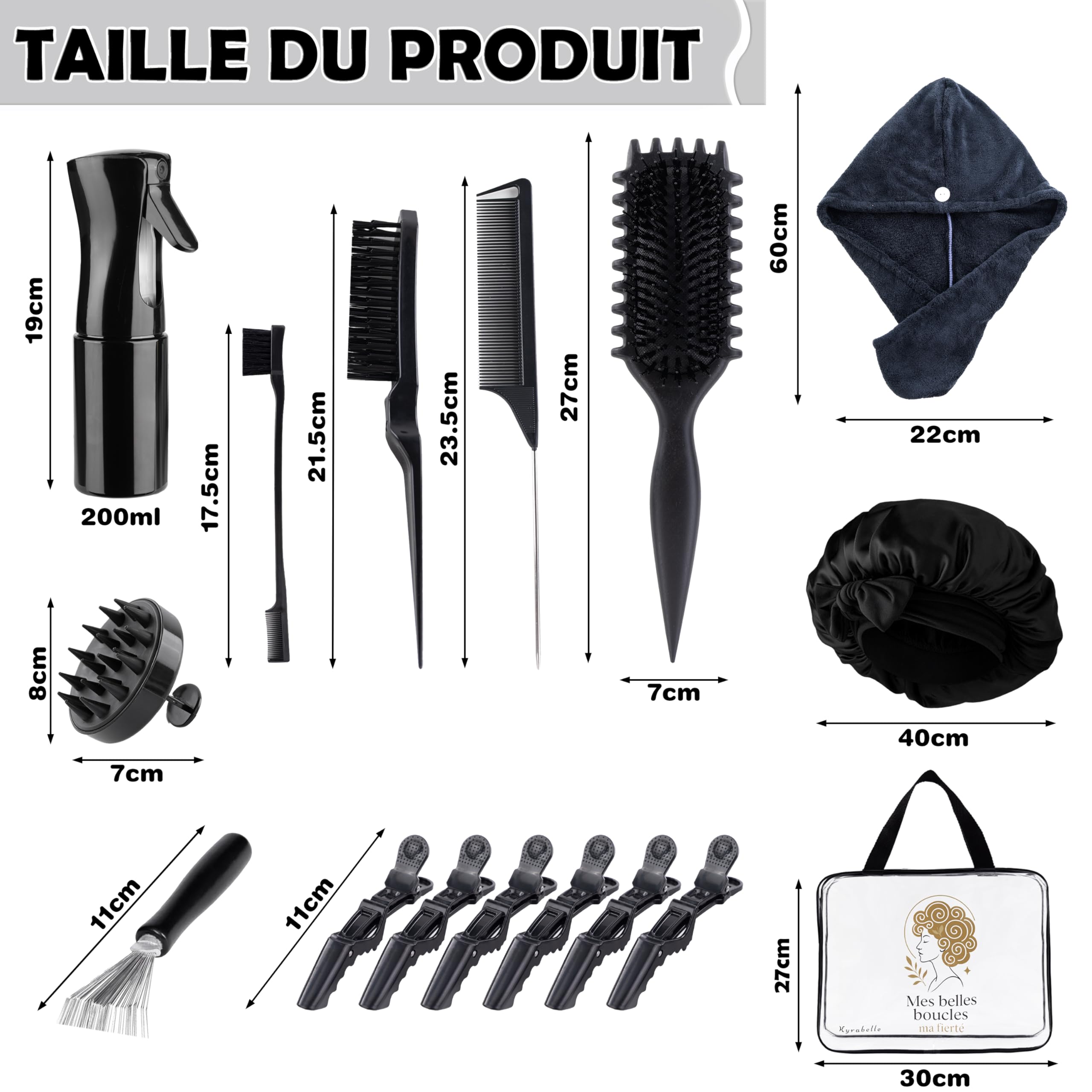 kit complet Cheveux bouclés/frisés/crépus/ondulés .Brosse définition-spray cheveux 200ml-bonnet satin-serviette microfibre-accessoires-brosse massante cuir chevelu-Routine Anti-frisottis.