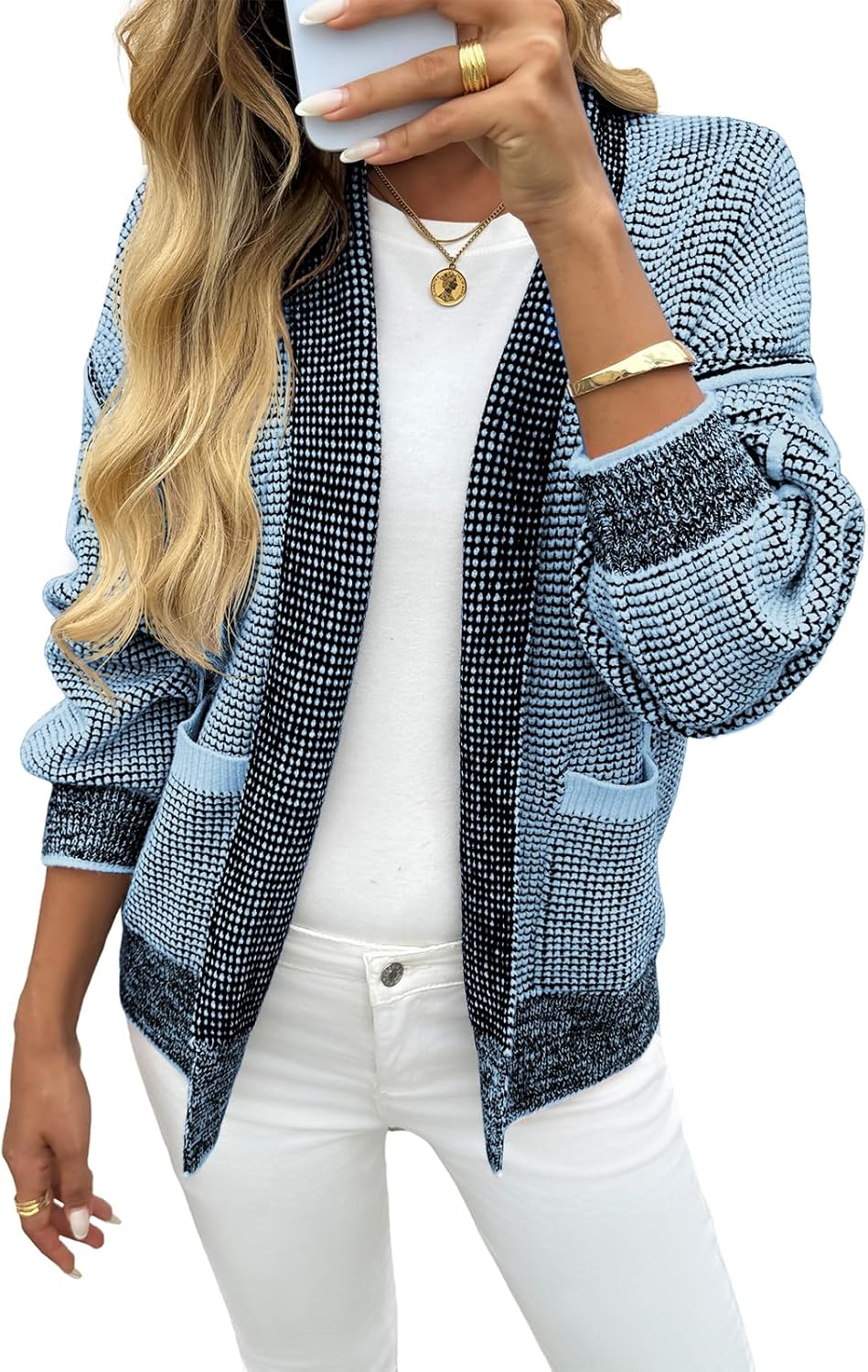 Saodimallsu Womens Open Front Cardigans Long Sleeve Waffle Knit Shawl Collared Fall Trendy Sweater Coats with Pockets