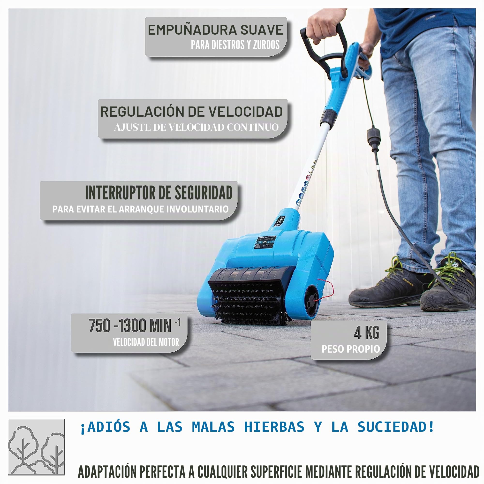 Güde Cepillo universal GUB 500 (500 W, barra telescópica regulable en altura 980-1280 mm, protección contra salpicaduras, cepillo universal, 1 cepillo ancho de nailon duro y suave, 1 cepillo para