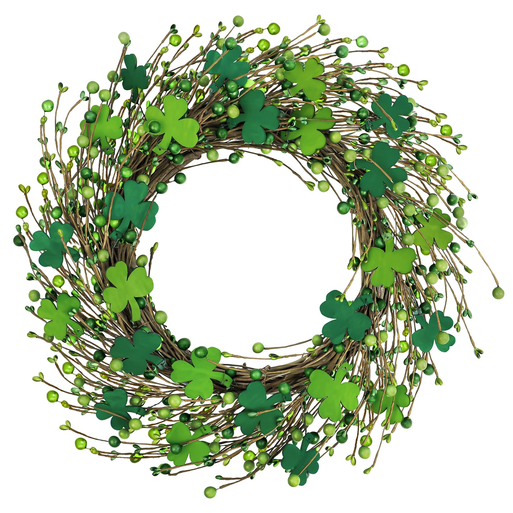 Ouddy Decor 20 Inch St Patricks Day Wreath Decorations, Artificial Green Shamrock Wreath with Wooden Clover Berry for Front Door Wall Window Indoor Outdoor Irish Spring Holiday Home Decor