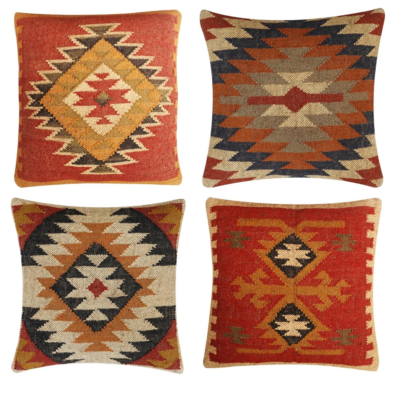 Kilim Pillow Cover Set of 4, 18 x 18 inches Wool Jute Cushion Cover, Handwoven Boho Vintage Decorative Throw Pilllow Case for Living Room & Bedrooms (Pattern_02)