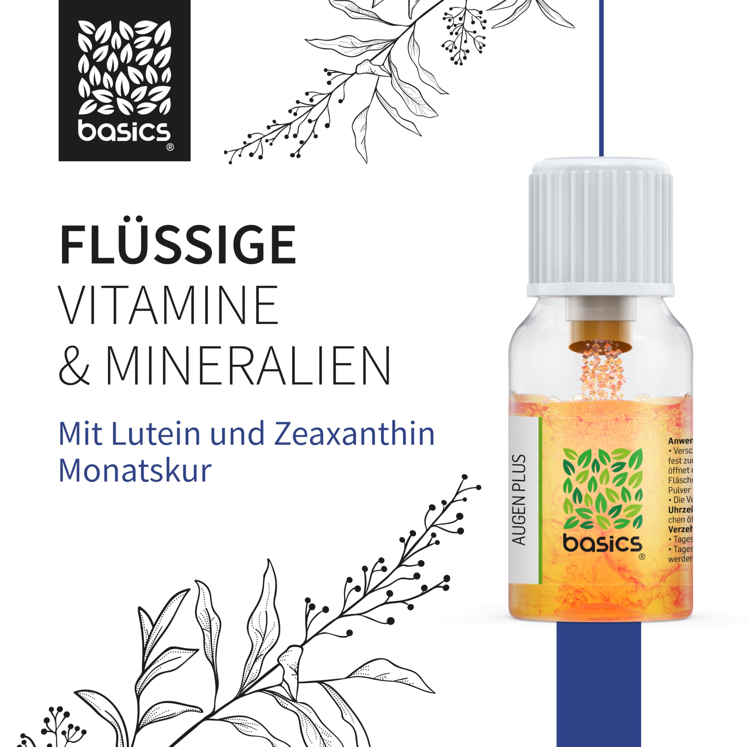 basics Augen Plus mit 10.000 mcg Lutein & 1.000 mcg Zeaxanthin - Hochdosiert - für optimale Augengesundheit mit Vitamin A und Zink - 30 Trinkflaschen - 10ml pro Tagesdosis - Vegan (300 ml (1er Pack))