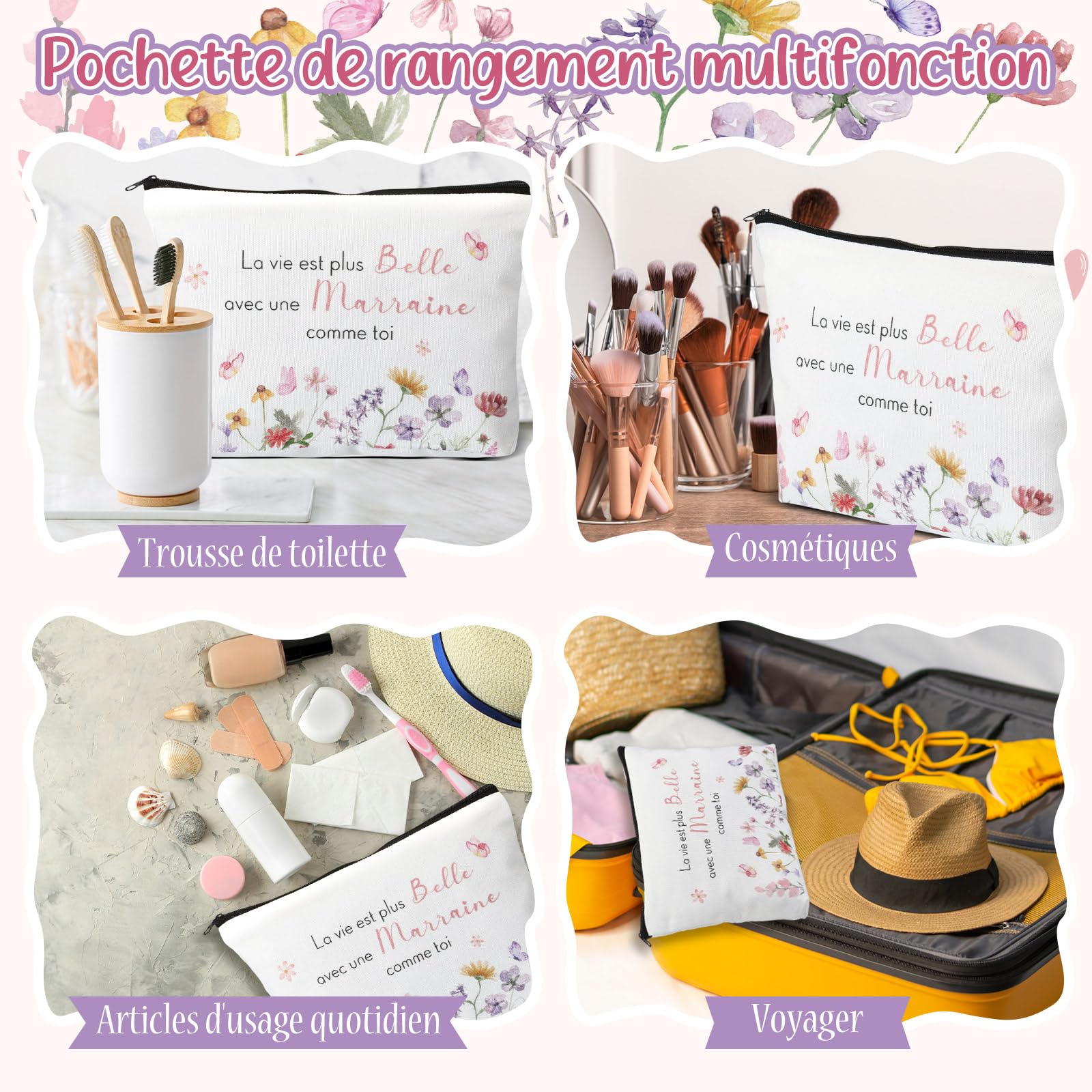 Hestya Coffret Cadeau Marraine avec Trousse de Maquillage et Porte-Clés | Sac Cosmétique en Toile et Porte-Clés en Alliage de Zinc et Verre, Idée Cadeau pour Noël, Anniversaire, Baptême, Remerciement - 3