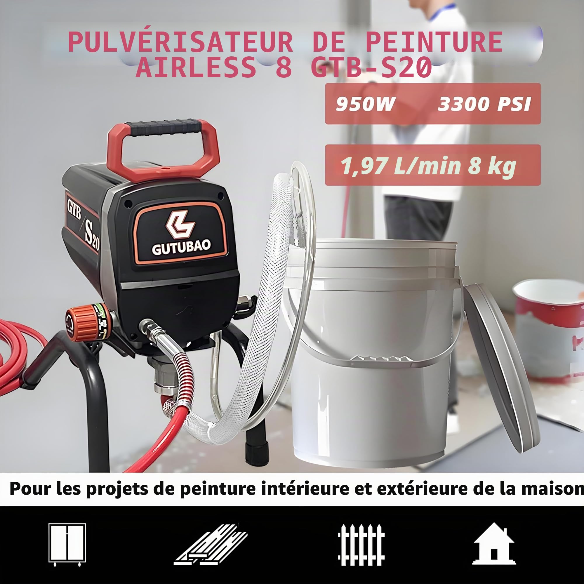 S20 Pulvérisateur de Peinture sans air, 0,52 GPM pour Peinture intérieure et extérieure, équipement de pulvérisation électrique de 3300 PSI pour projets de Peinture de Bricolage avec