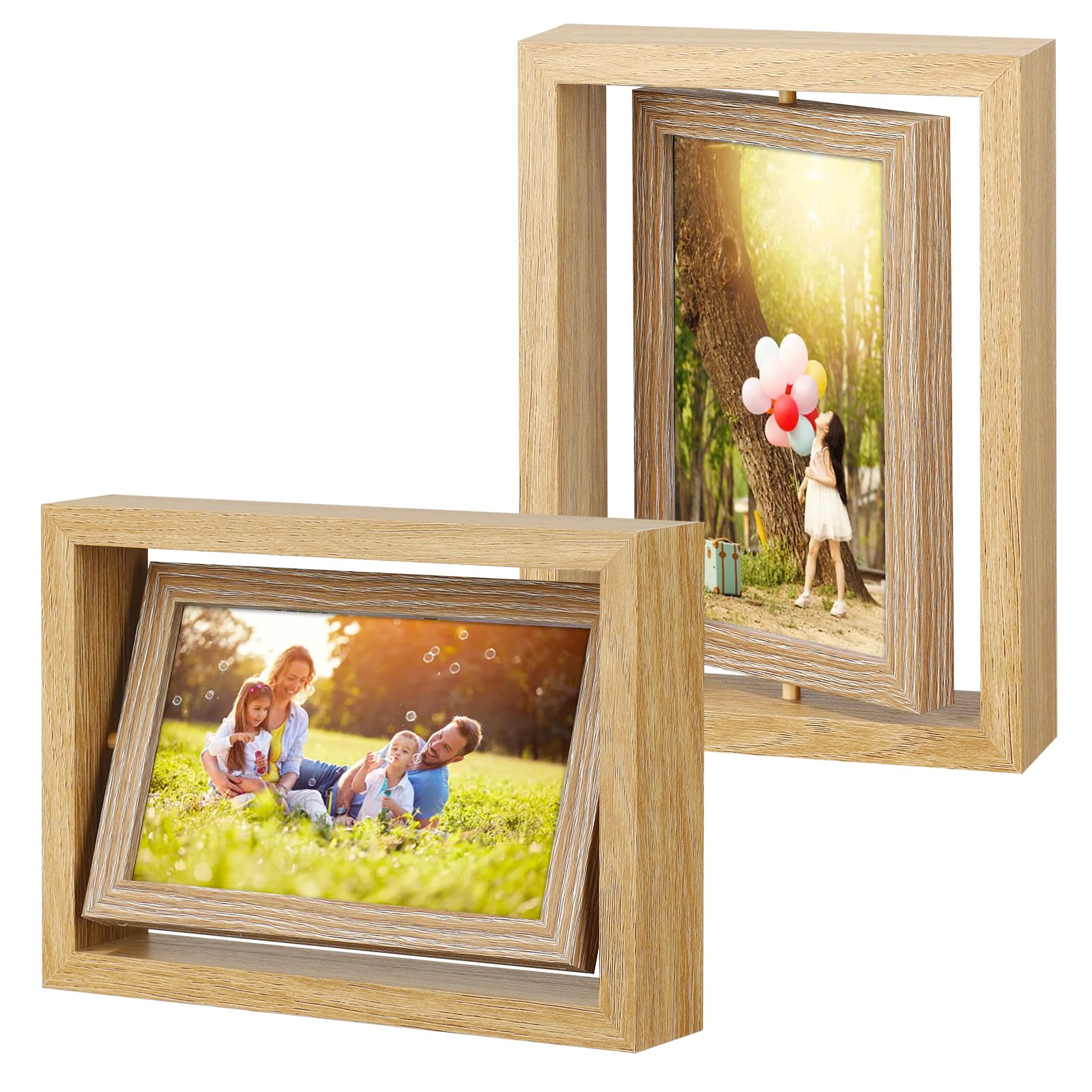 6x4 Rotating Floating Photo Frame, 360ยฐ Spinning Wooden Tabletop Display with HD Glass, Double Sided Tabletop Display, Horizontal or Vertical Orientation