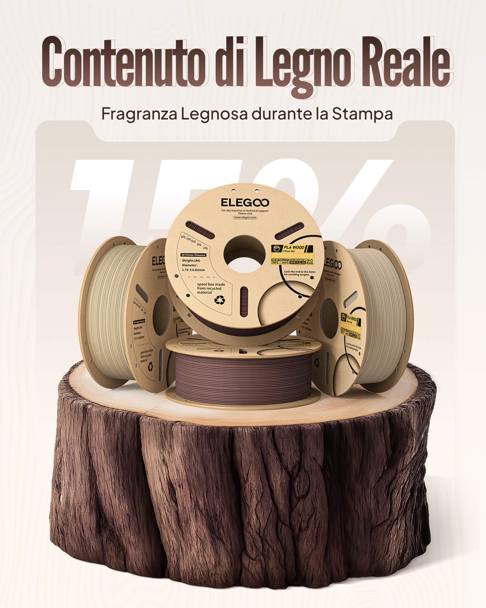 ELEGOO PLA Wood Filamento 1,75mm 1KG, Filamento PLA con Aggiunta di Farina di Legno, Precisione Dimensionale, Bobina da 1kg, Compatibile con la Maggior Parte delle Stampanti 3D FDM, Betulla Chiara