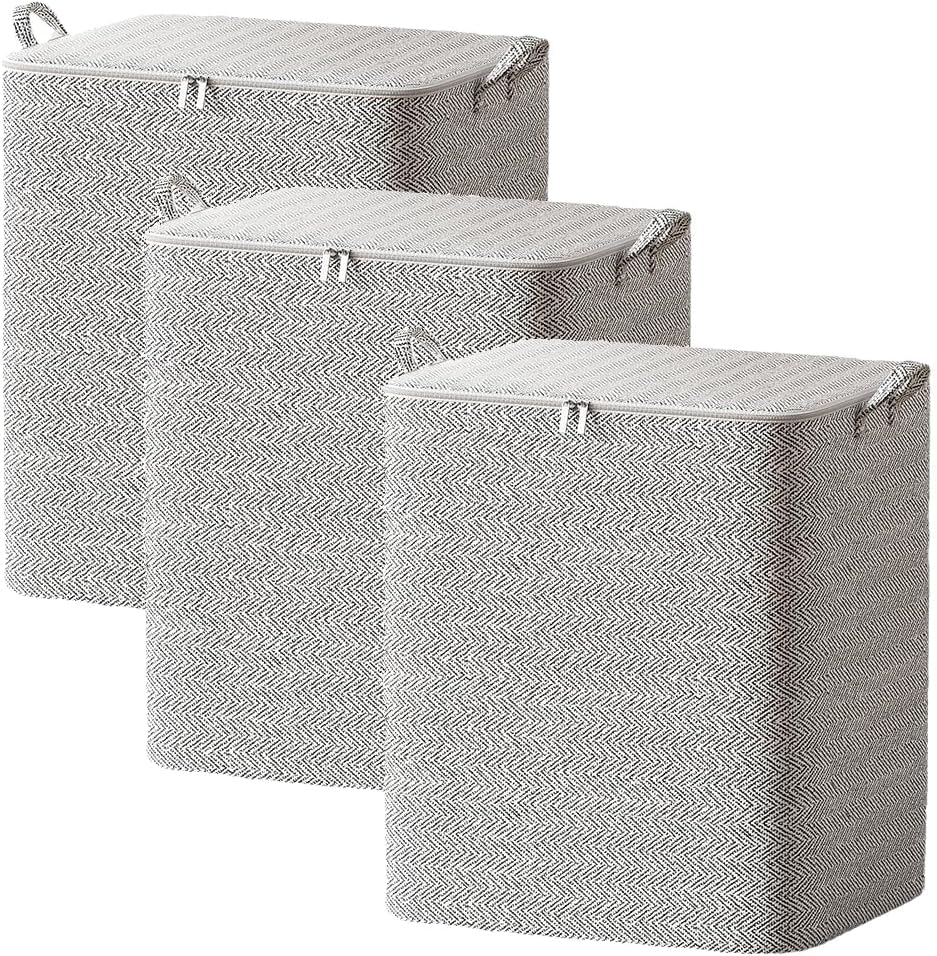 3 Pack Large Capacity Clothes Storage Bags with Zips, Portable Non Woven Closet Organizer Foldable Storage Containers for Comforters Blankets Bedding Wardrobe Storage (110L)