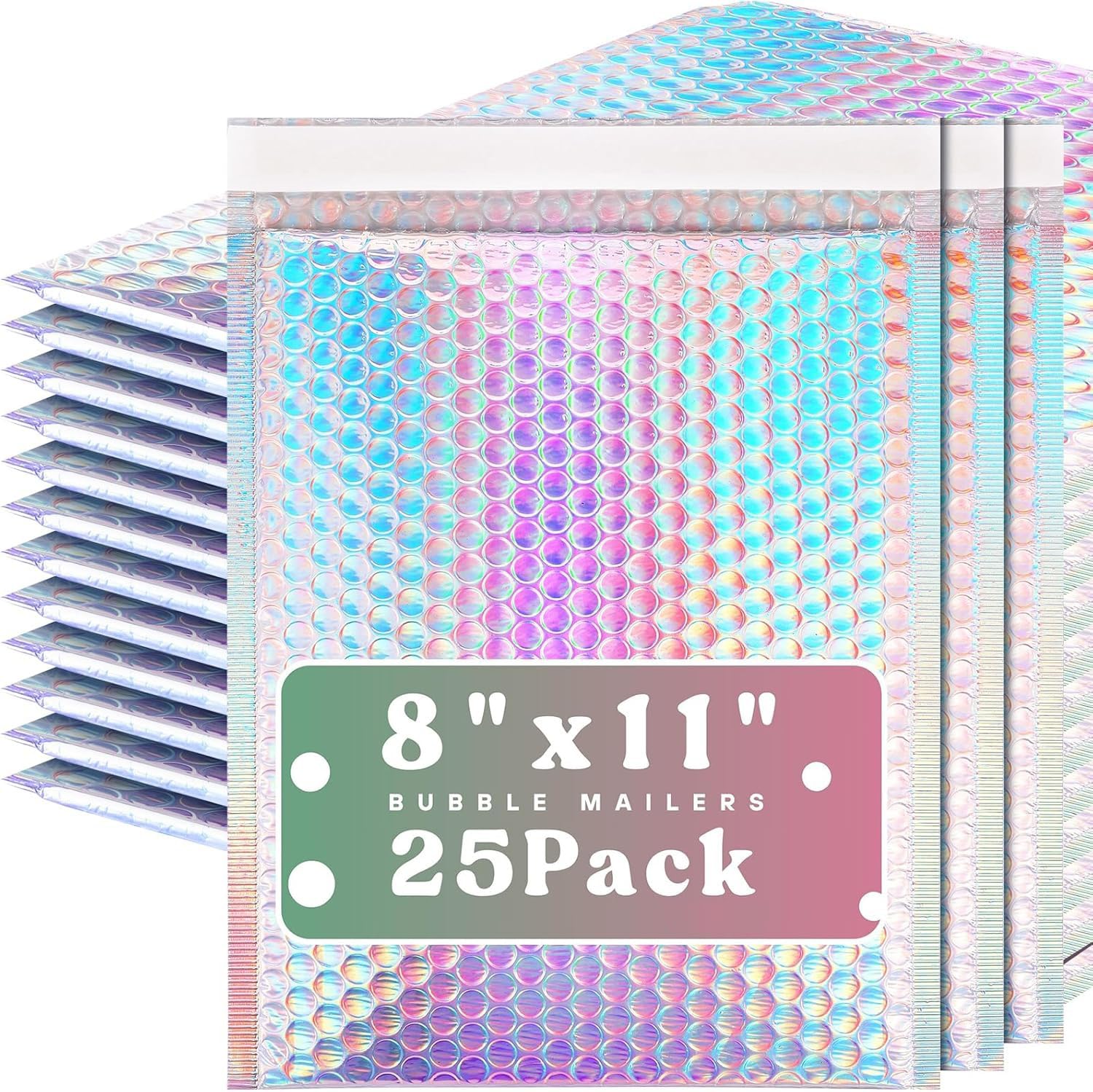 Lot de 25 enveloppes à bulles holographiques - 23 x 32 cm | Enveloppes postales autocollantes métalliques, rembourrées pour emballage d'expédition