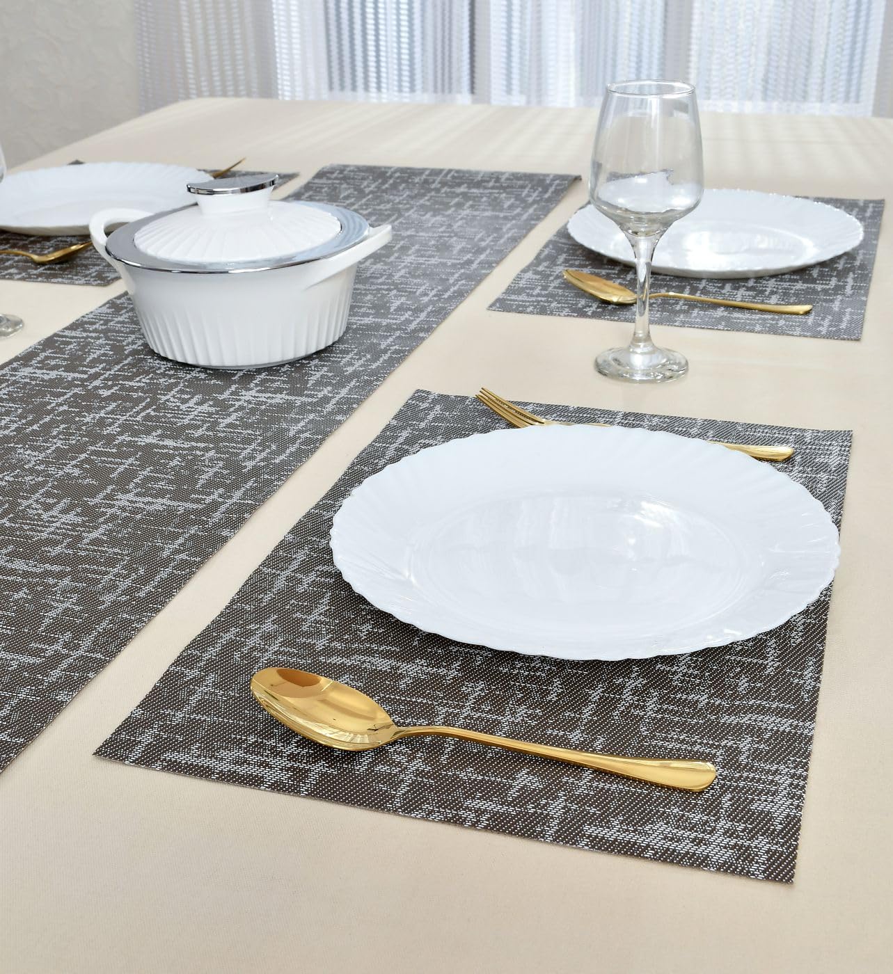 Yellow Weaves Placemats & Runner Set - Beige Brown -11
