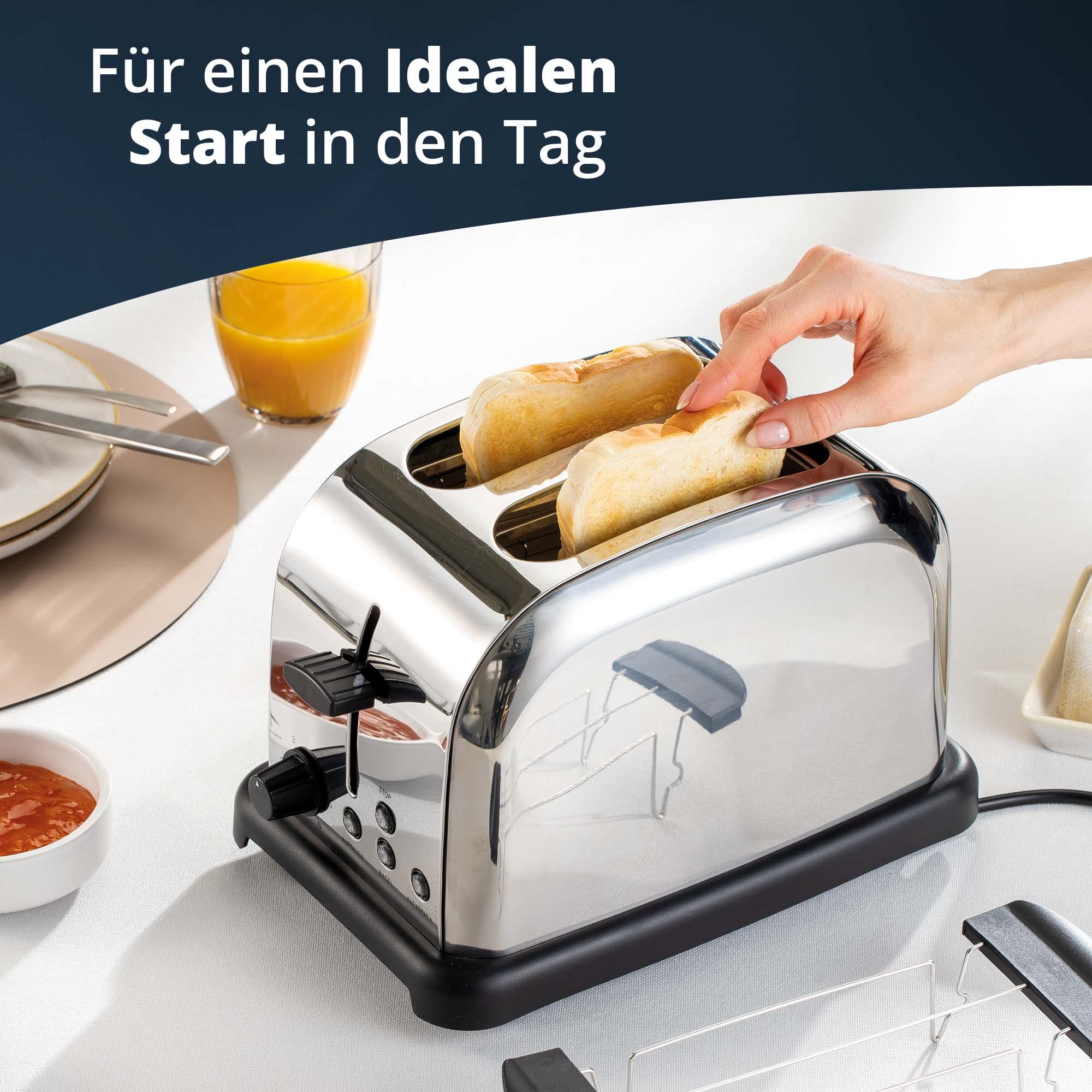 KHG Edelstahl Toaster in Chrom Optik mit Brötchenaufsatz, 2 Scheiben | 6 Bräunungsstufen mit Bräunungskontrolle, Krümelfach | 1000W Leistung | Außengehäuse - Retro Vintage, American Diner Style