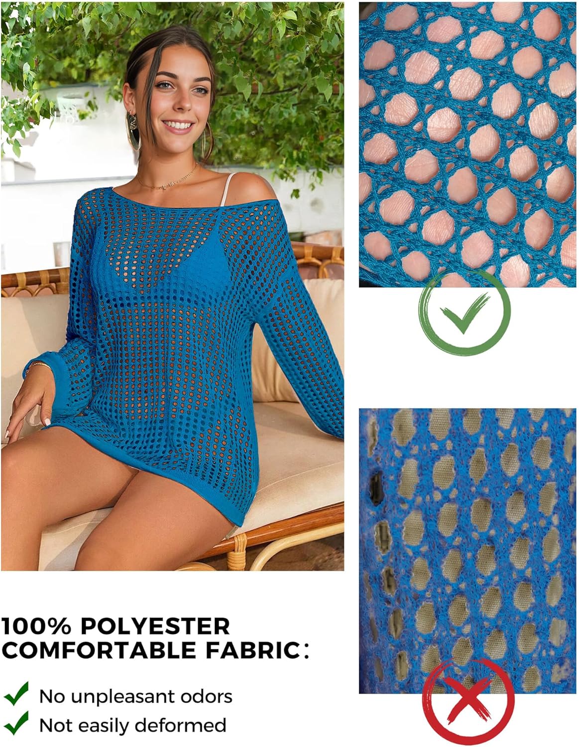 Buauty Women's Swimsuit Crochet Cover Up | Bathing Suit Swimwear Short Sleeve Knit Beach Dress Summer Vacation Outfits Blue - Image 4