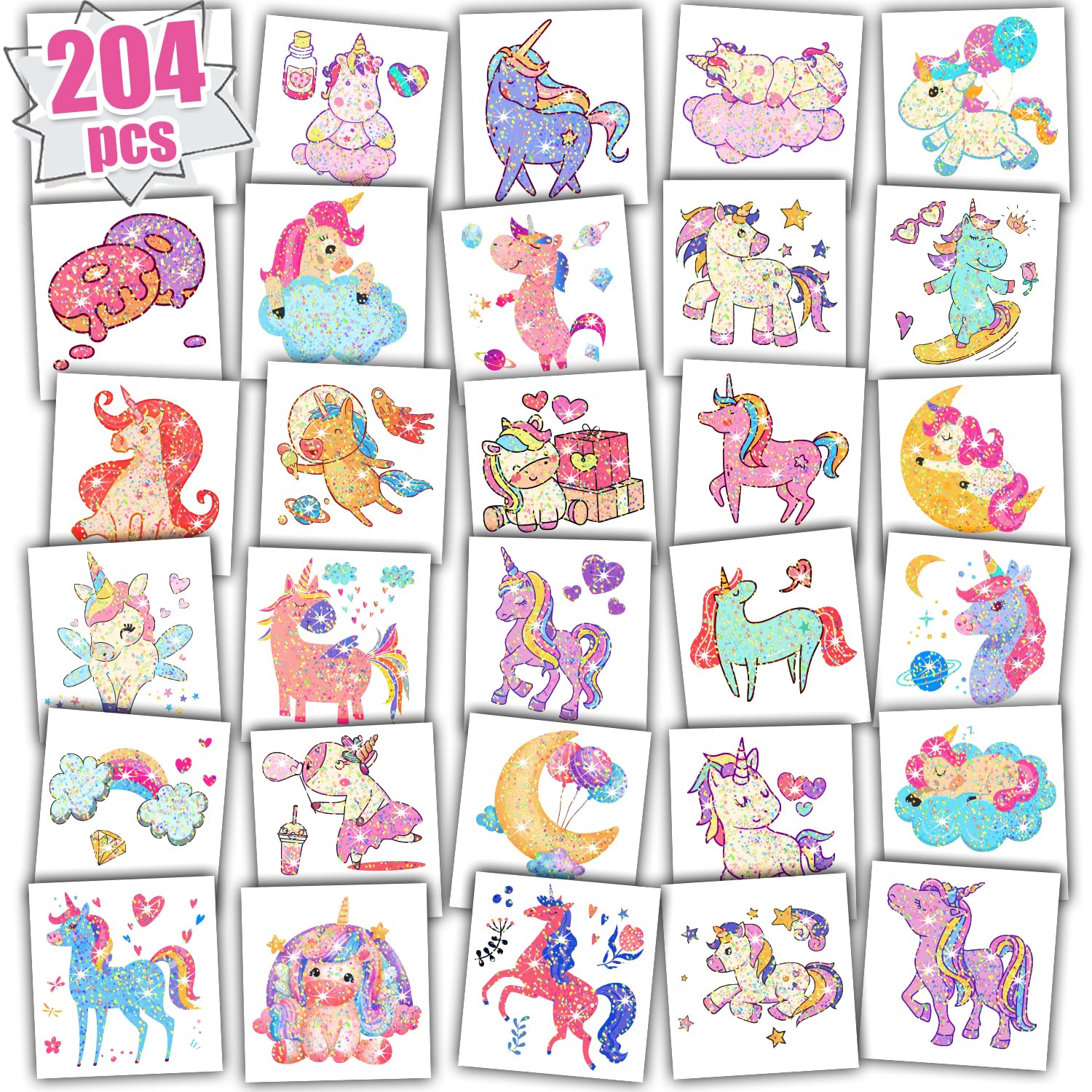Leesgel Unicorns Tattoos for Girls, 204pcs Glitter Tattoos for Girls Unicorns Birthday Decorations, Unicorns Stickers, Party Bag Fillers for Girls, Unicorn Games Toys Supplies Favours