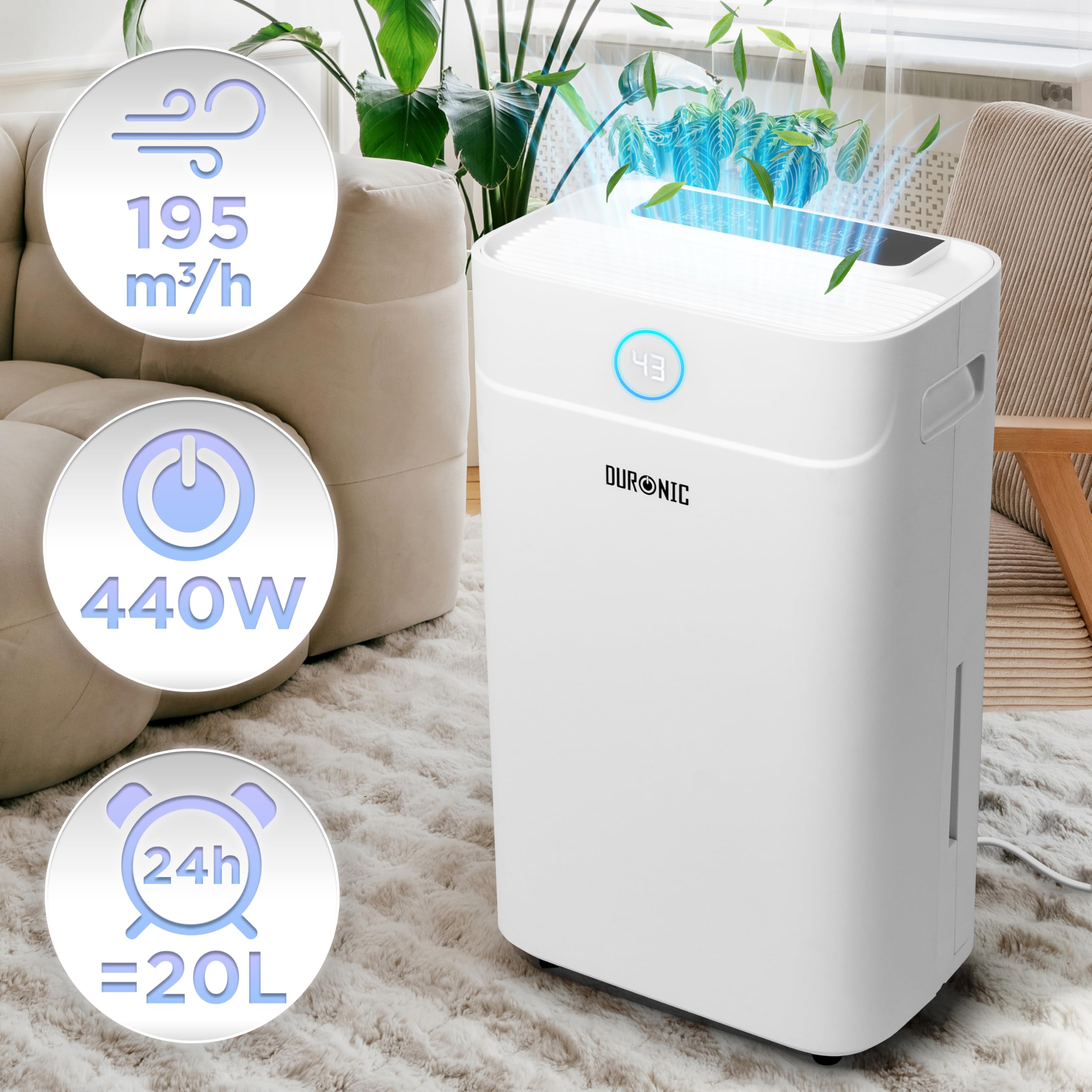 Duronic DH201 Deshumidificador 440 W hasta 20 L al Día, Depósito de 5,1 L | Drenaje Continuo, Temporizador 1-24 h, Control de Humedad 30-80%, Secado de Ropa, Silencioso 48 dB, con Ruedas, Hogar