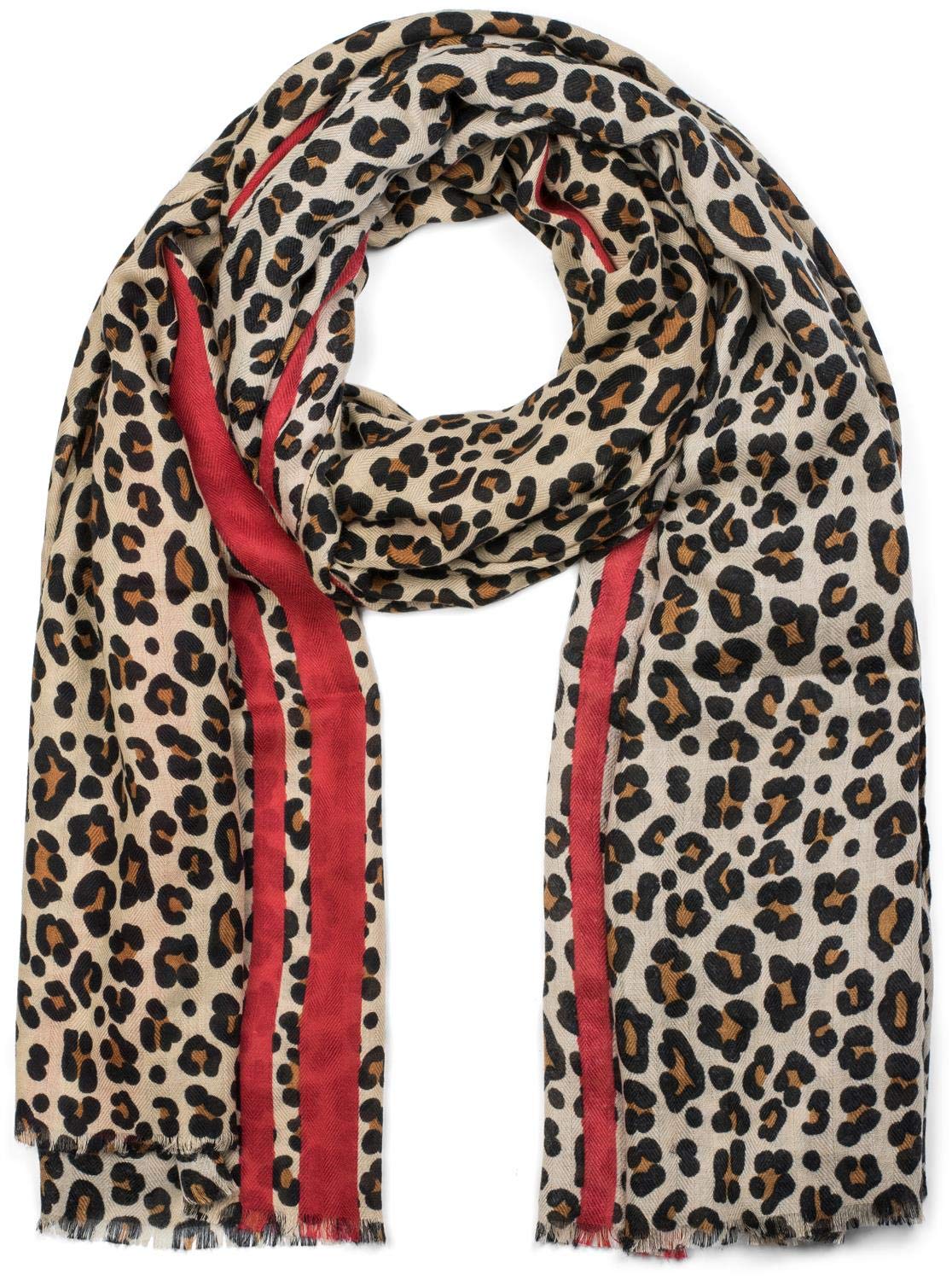 Stylebreaker Women's Brown-Red Scarf With Leopard Print, Coloured Stripes And Fringing, Winter Scarf, Stole, Shawl 01017082, Colour: