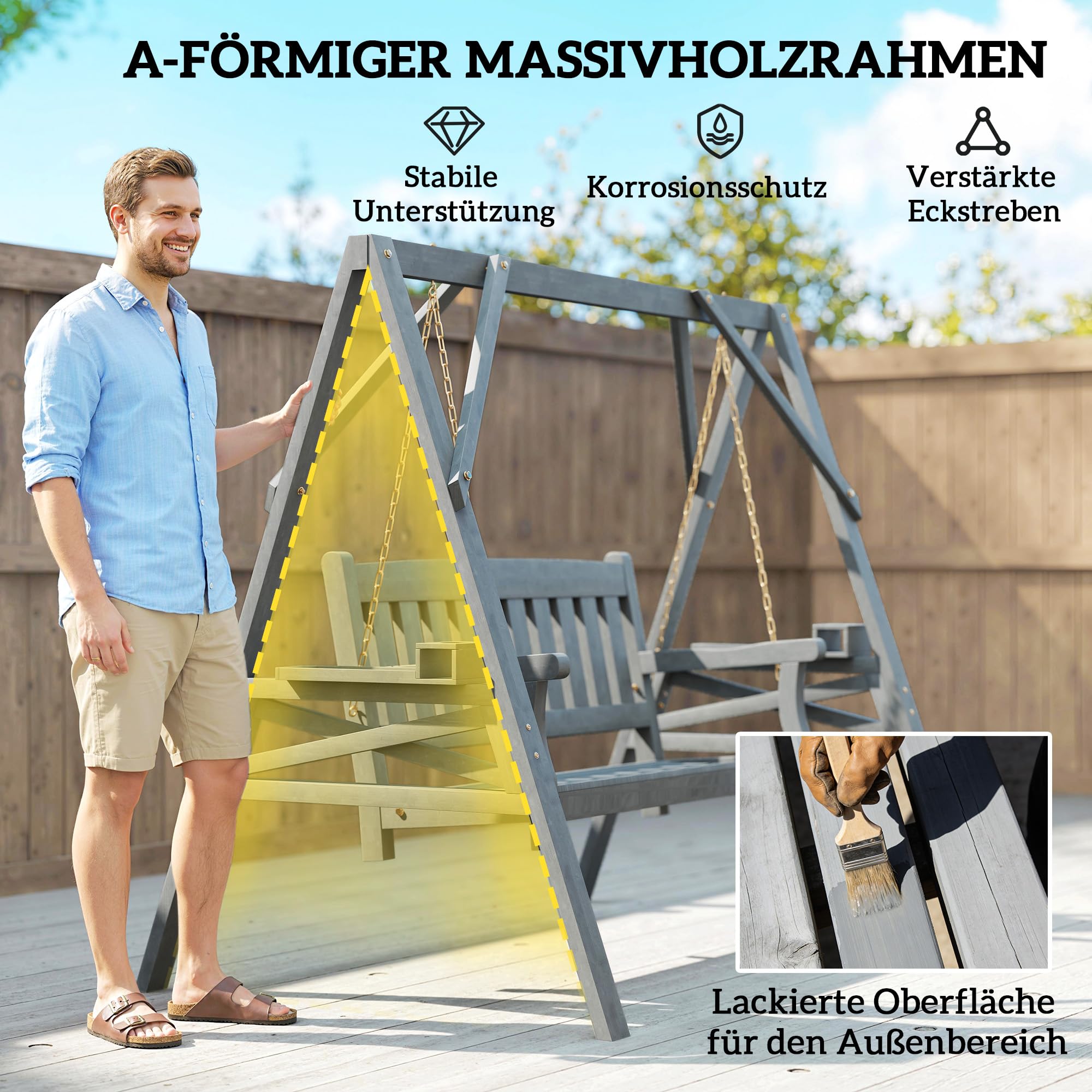 Outsunny Hollywoodschaukel, 2-Sitzer Gartenschaukel aus Holz, Holzschaukel mit Ablagen, Schaukelbank bis 250kg belastbar, für Garten, Terrasse, 183 x 120 x 160cm, Grau