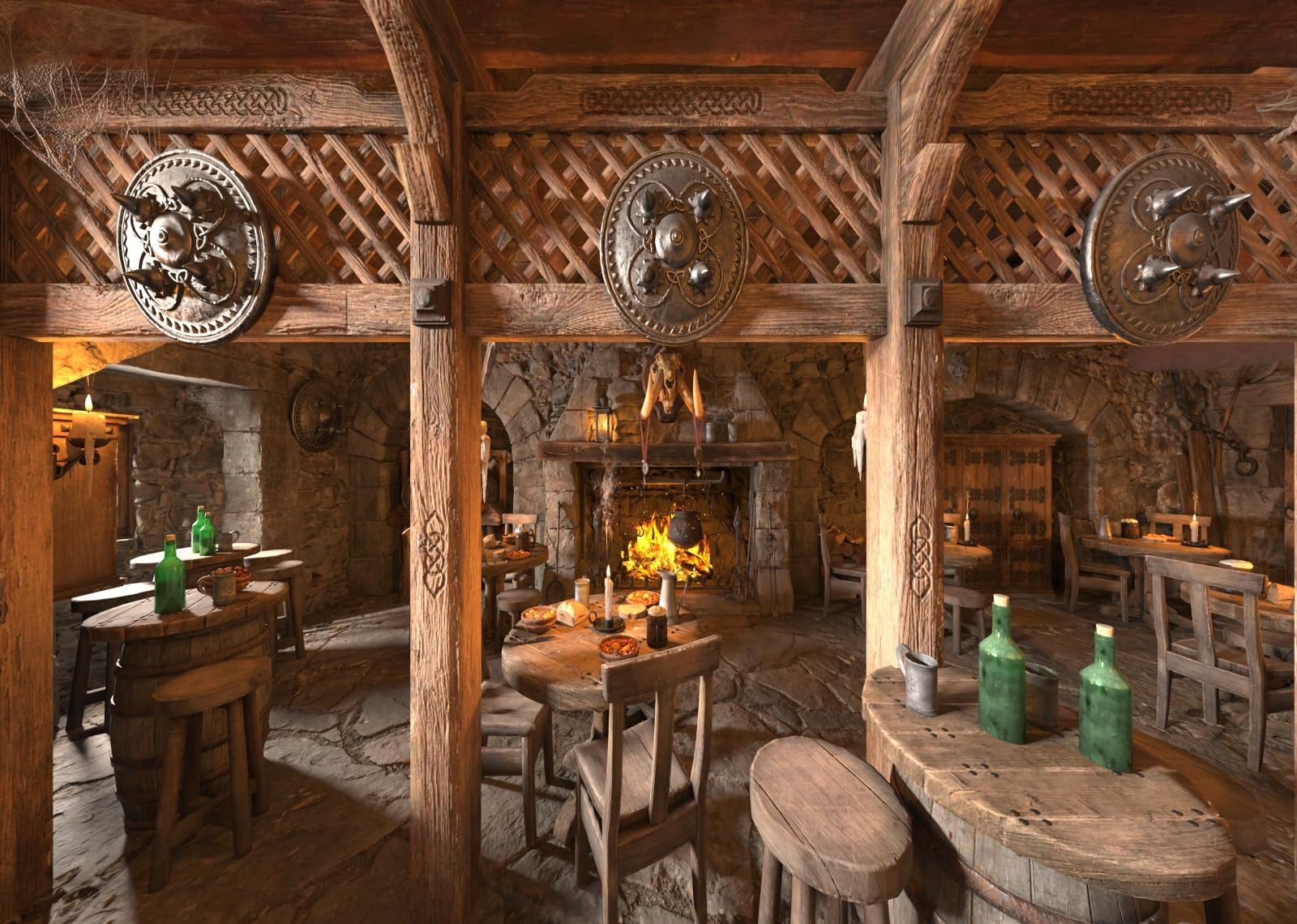 12x8FT (3.6x2.5m) Taverna Medievale Rustica Con Camino Sfondo Fotografico