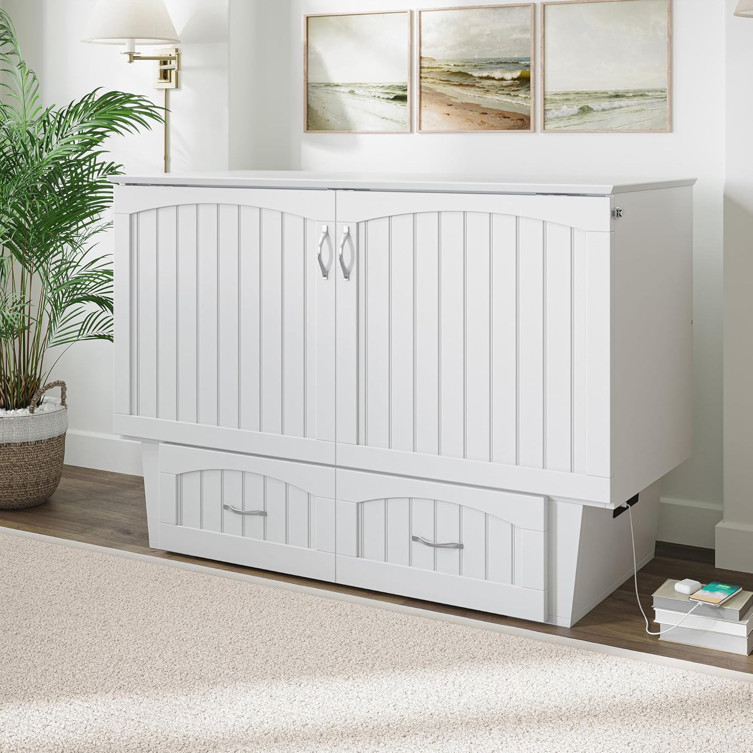 AFI, Nantucket Full Size Murphy Bed Chest with Mattress, Storage Drawer and Built-in USB Charger, White