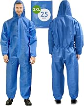 AMZ Medical Supply Blue Disposable Coveralls with Hood, 2X-Large Size. Pack of 25 Hazmat Suits Disposable with Front Zip, Elastic Wrists & Ankles. 50 GSM SMS Painters Coveralls. Waterproof Paint Suit