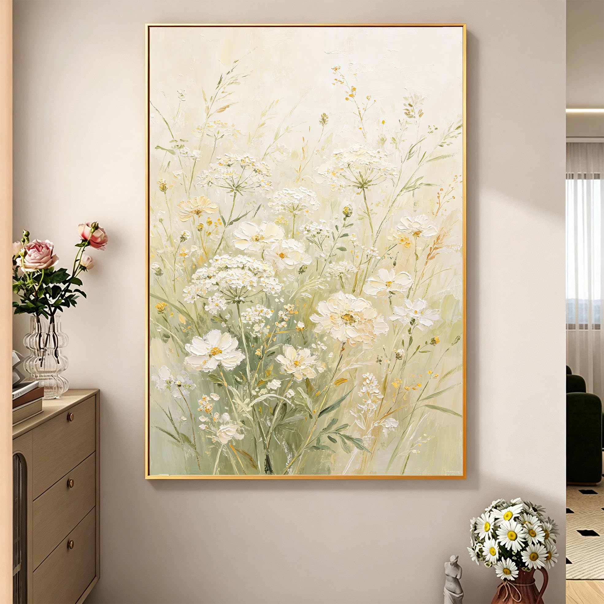 100% Handgemaltes Florales Ölgemälde, Weiße Gänseblümchen, Leinwandbild, Rahmenlos, Abstraktes Blumenmotiv Für Wohnzimmerdekoration, 100 X 160 Cm (39,4 X 63 Zoll)