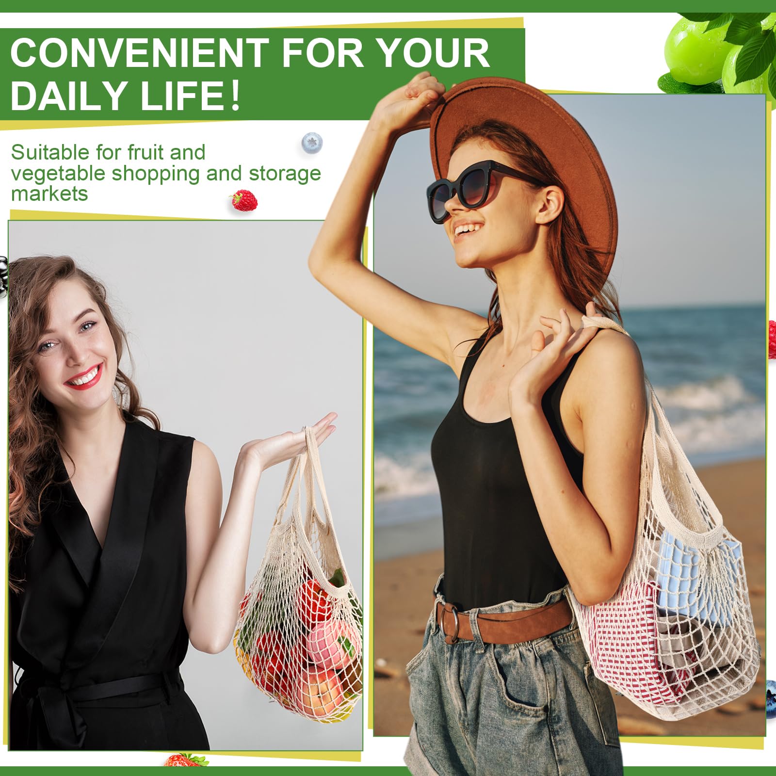 Paterr Paquete de 50 bolsas reutilizables de malla de algodón para comestibles, lavables a granel, bolsas de red para productos, bolsas de compras portátiles con asa para almacenamiento de frutas