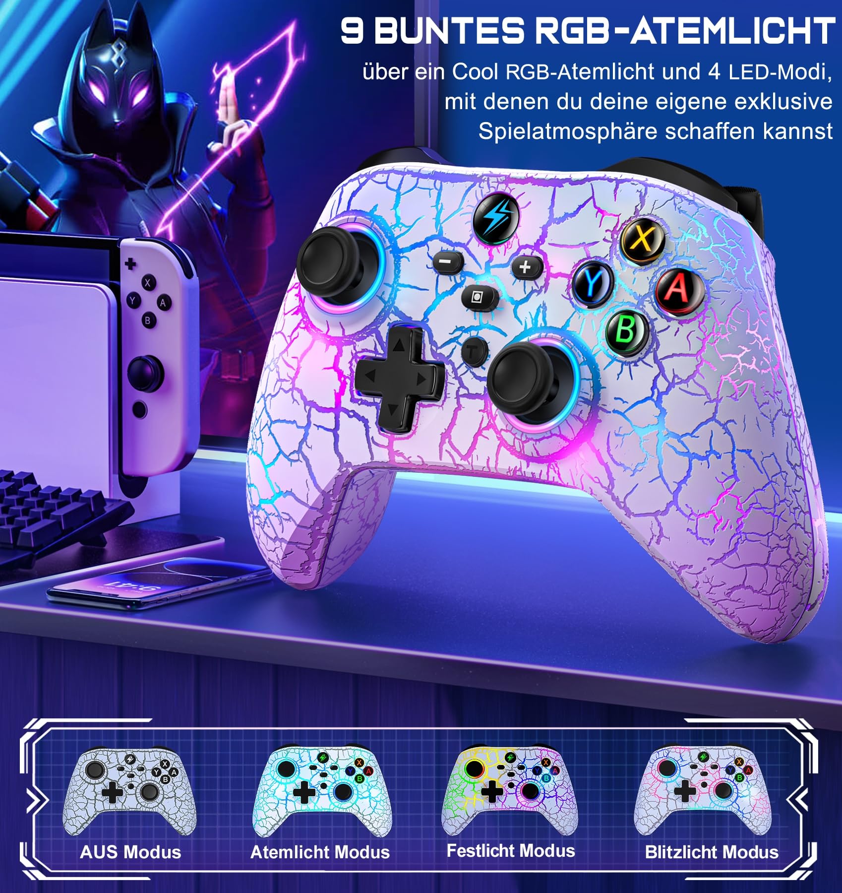 HASACOOL Switch Pro Controller Mit 2 Back Button Macro Programmierbar/Rissiges Design Lichter, 1000mAh für Switch/Lite/OLED, Kompatibel Mit Android/IOS/PC(Weiß)