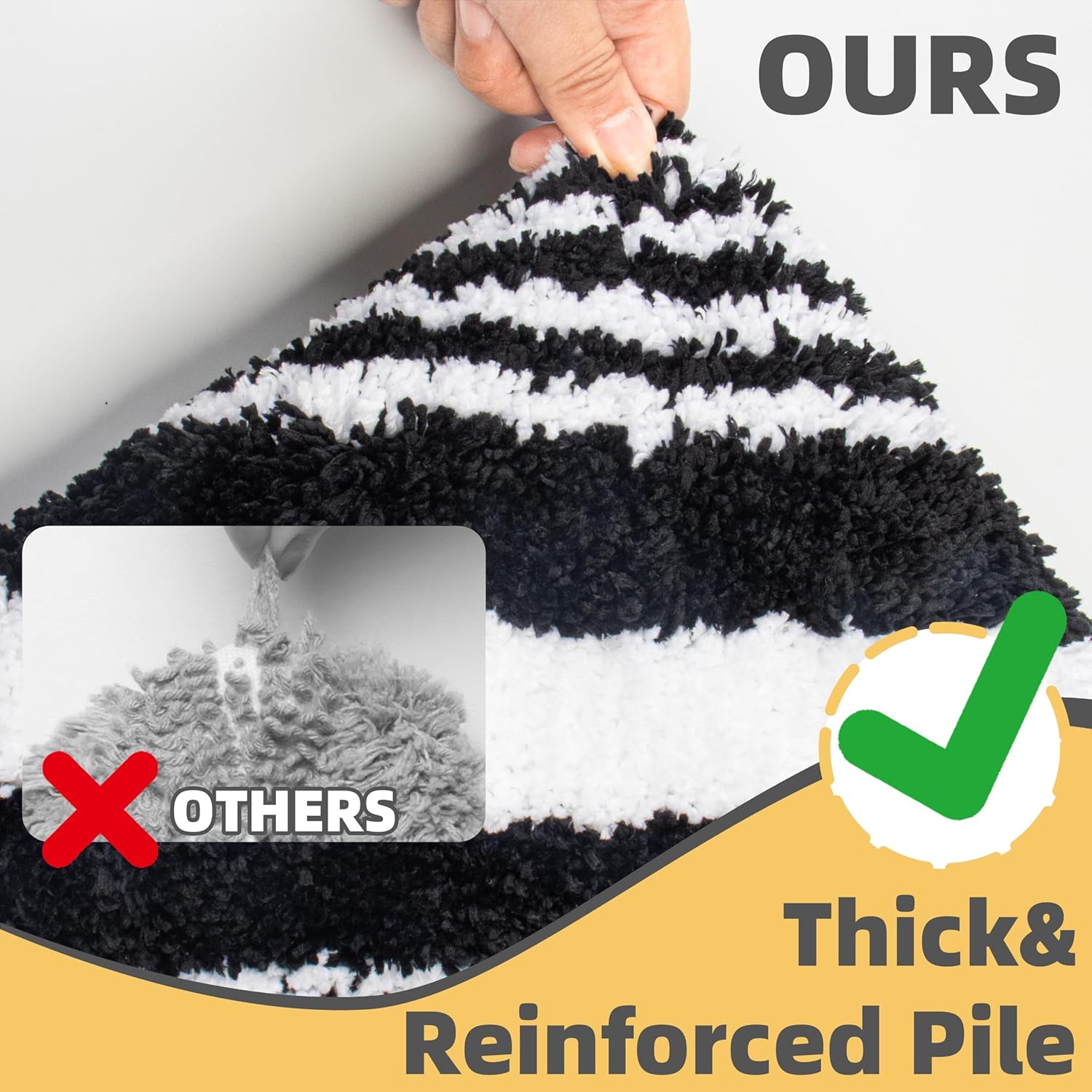 Long Bathroom Runner Rugs Fluffy Soft Luxury Absorbent Non Slip Bath Mat for Bathroom Floor, Tub, Shower, Striped Shaggy Quick Dry Bath Rugs, Black, 17"x47", Machine Washable